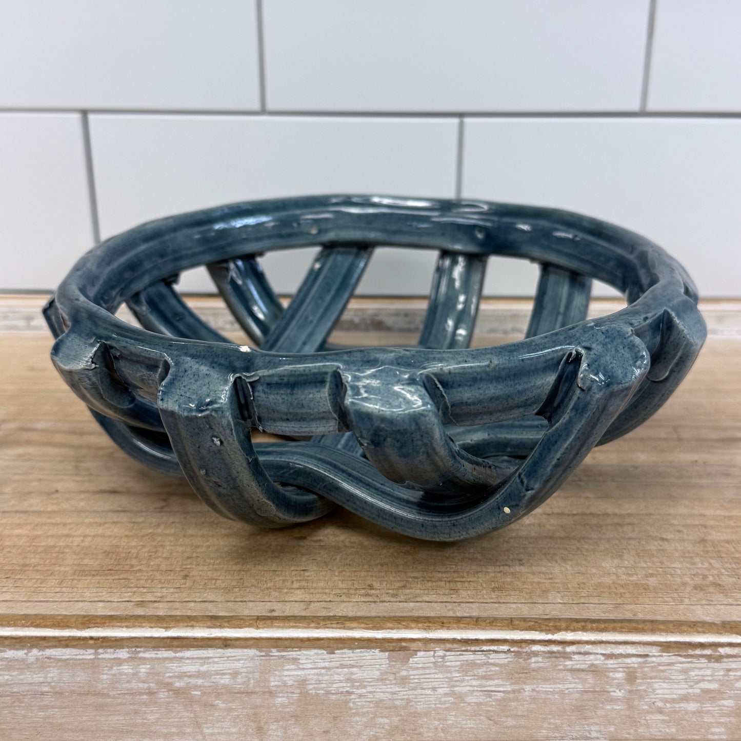 Studio Art Pottery Open Lattice Ceramic Bowl Blue Gray
