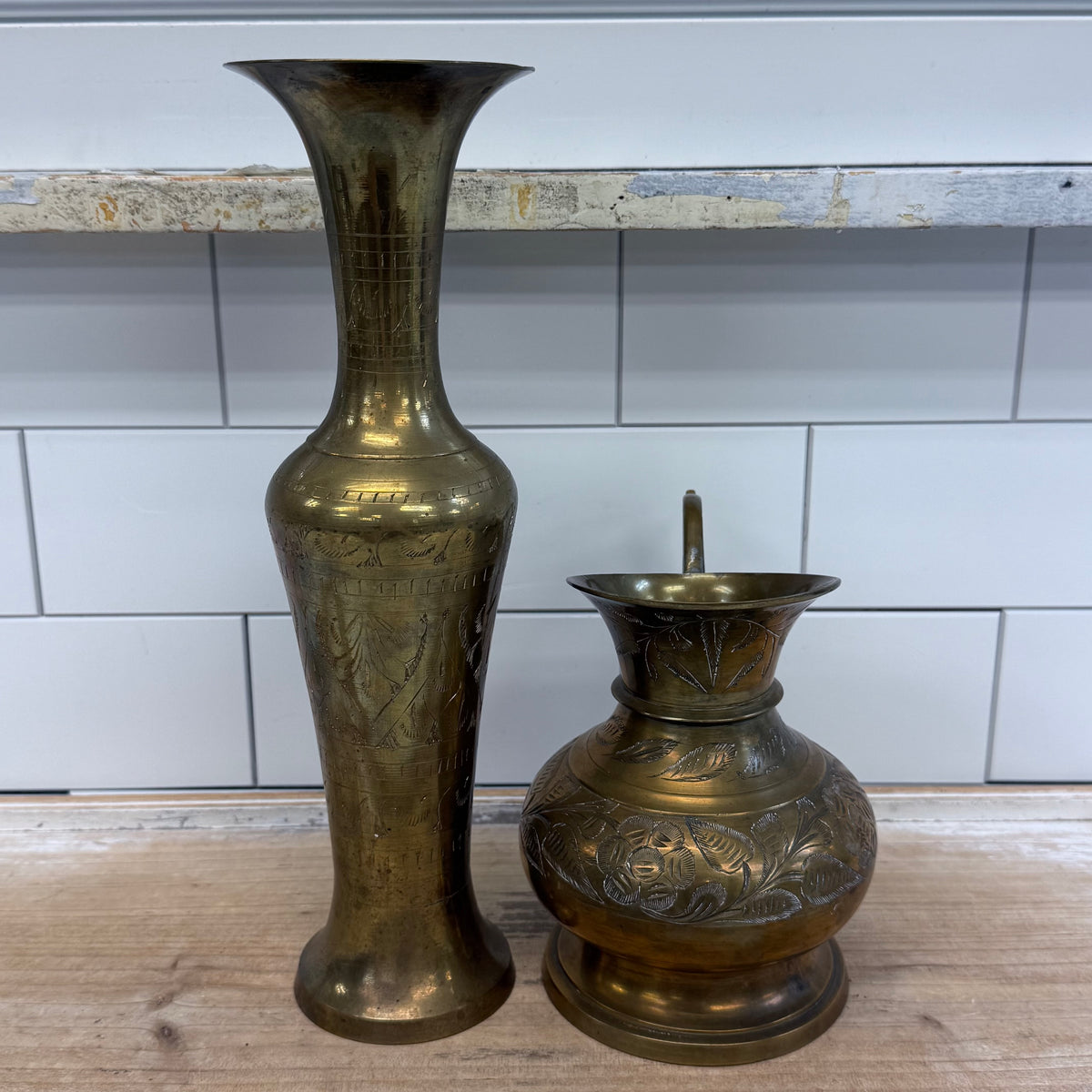 Vintage Indian Engraved Brass Pitcher & Vase Set 1960s–70s