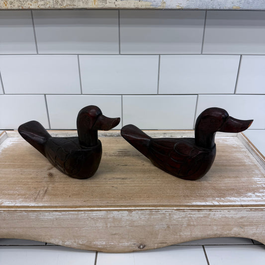 Duck Figurines Pair Hand-Carved Wood - Rustic Lodge Decor
