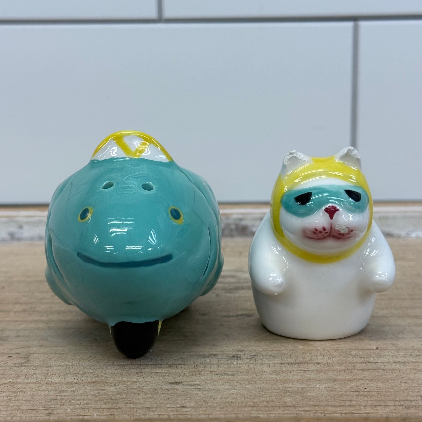 Clay Art Cat Driving Fish Car Salt & Pepper Shakers 1990s Ceramic