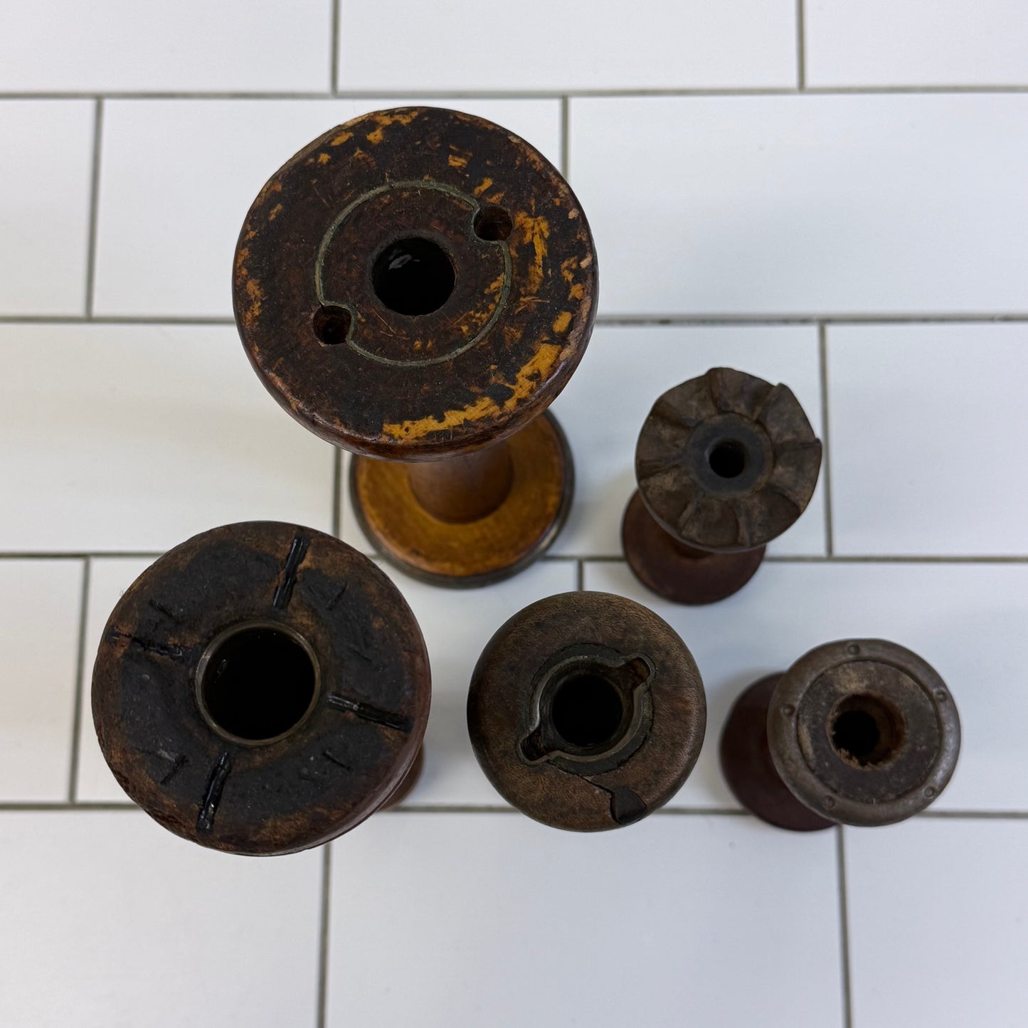 Wooden Textile Mill Bobbins Thread Spools Lot of 5