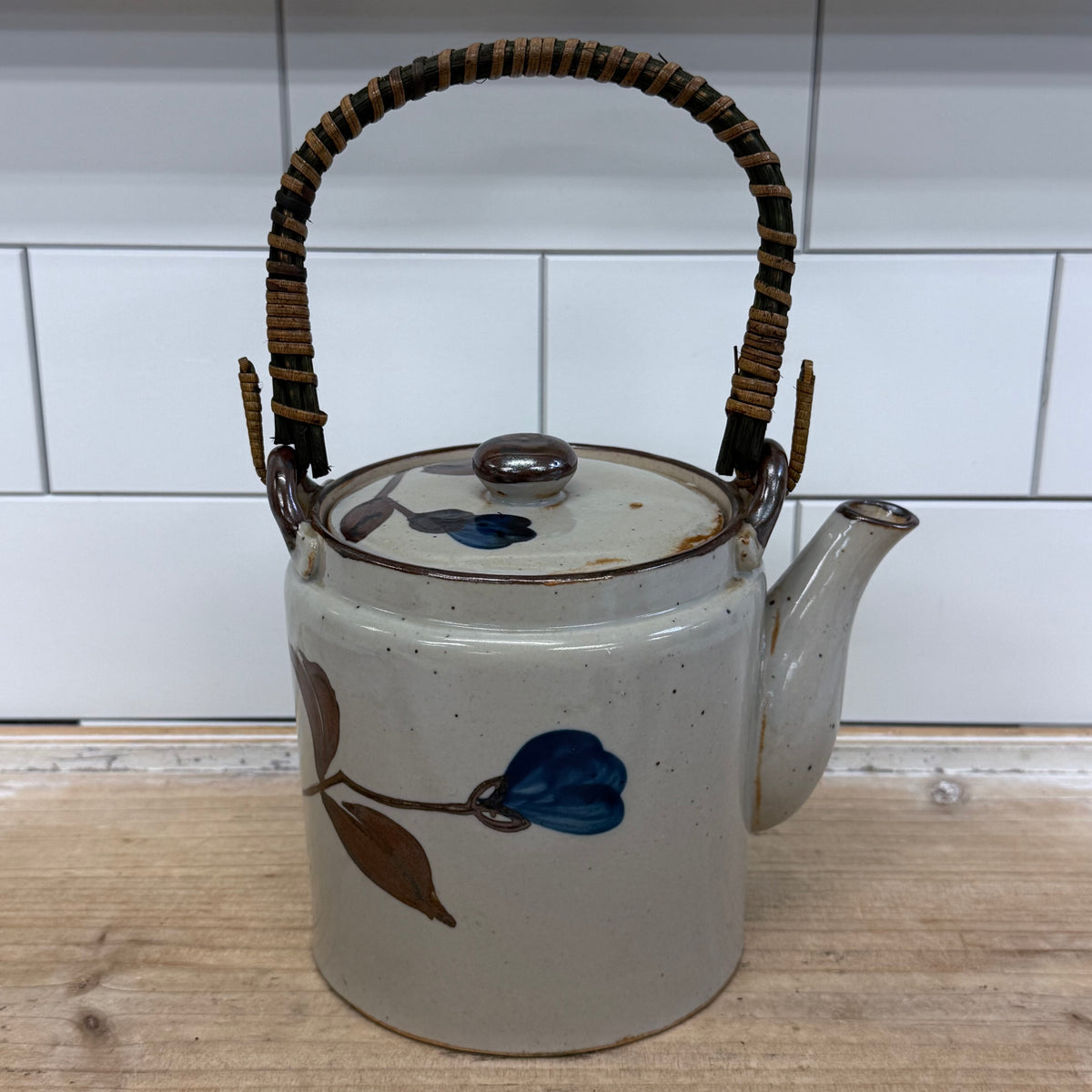Japanese Stoneware Tea Set Blue Floral Teapot 7 Piece