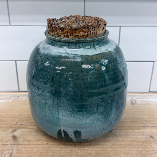 Studio Art Pottery Jar Signed with Cork Lid Blue Green Drip Glaze