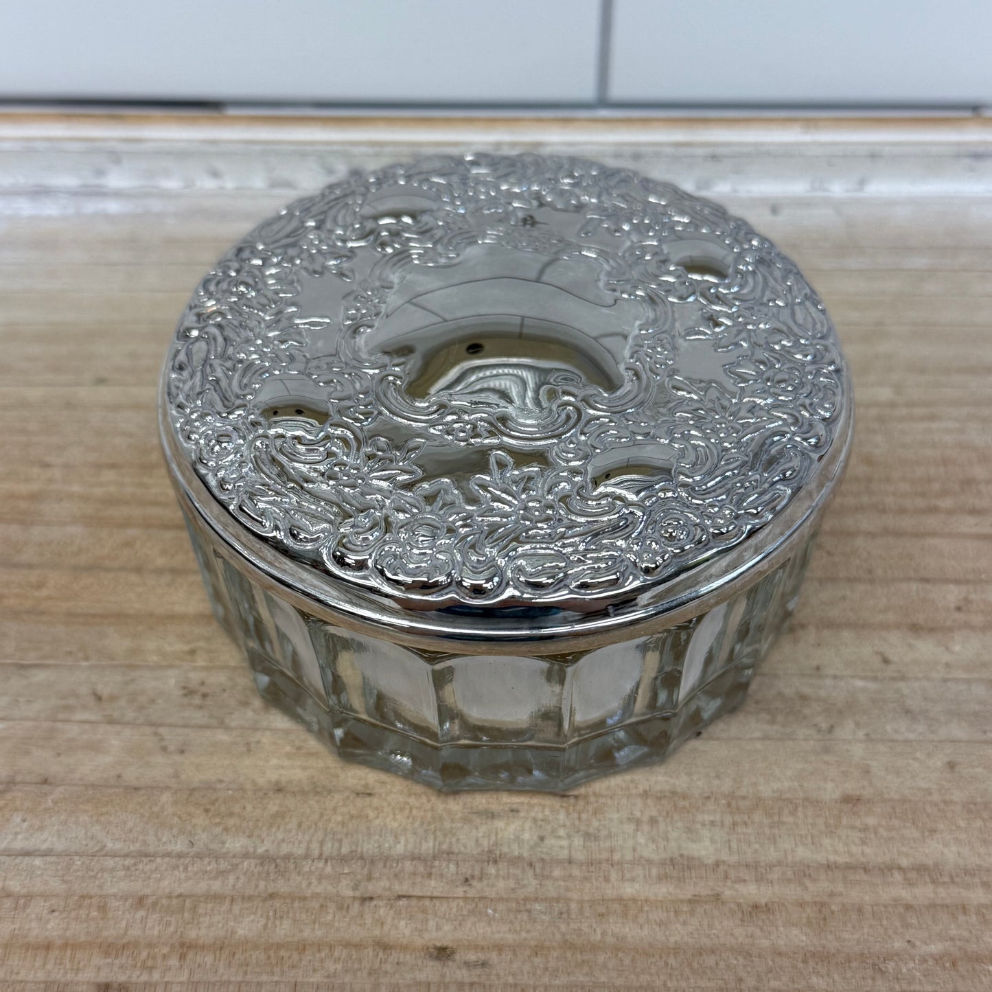 Glass Powder Jar, Silverplated Repoussé Lid