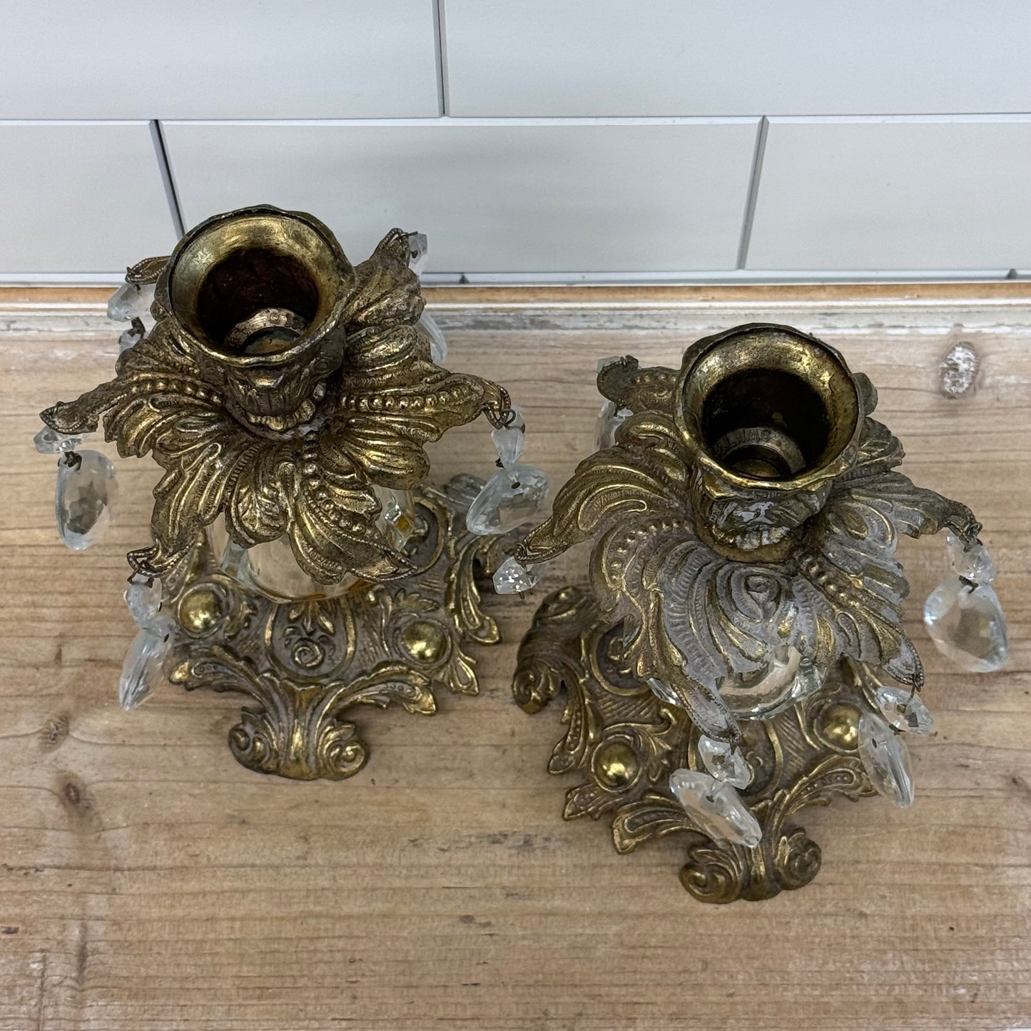 L&L WMC Brass Crystal Prism Candlestick Holders Set of 2 1973