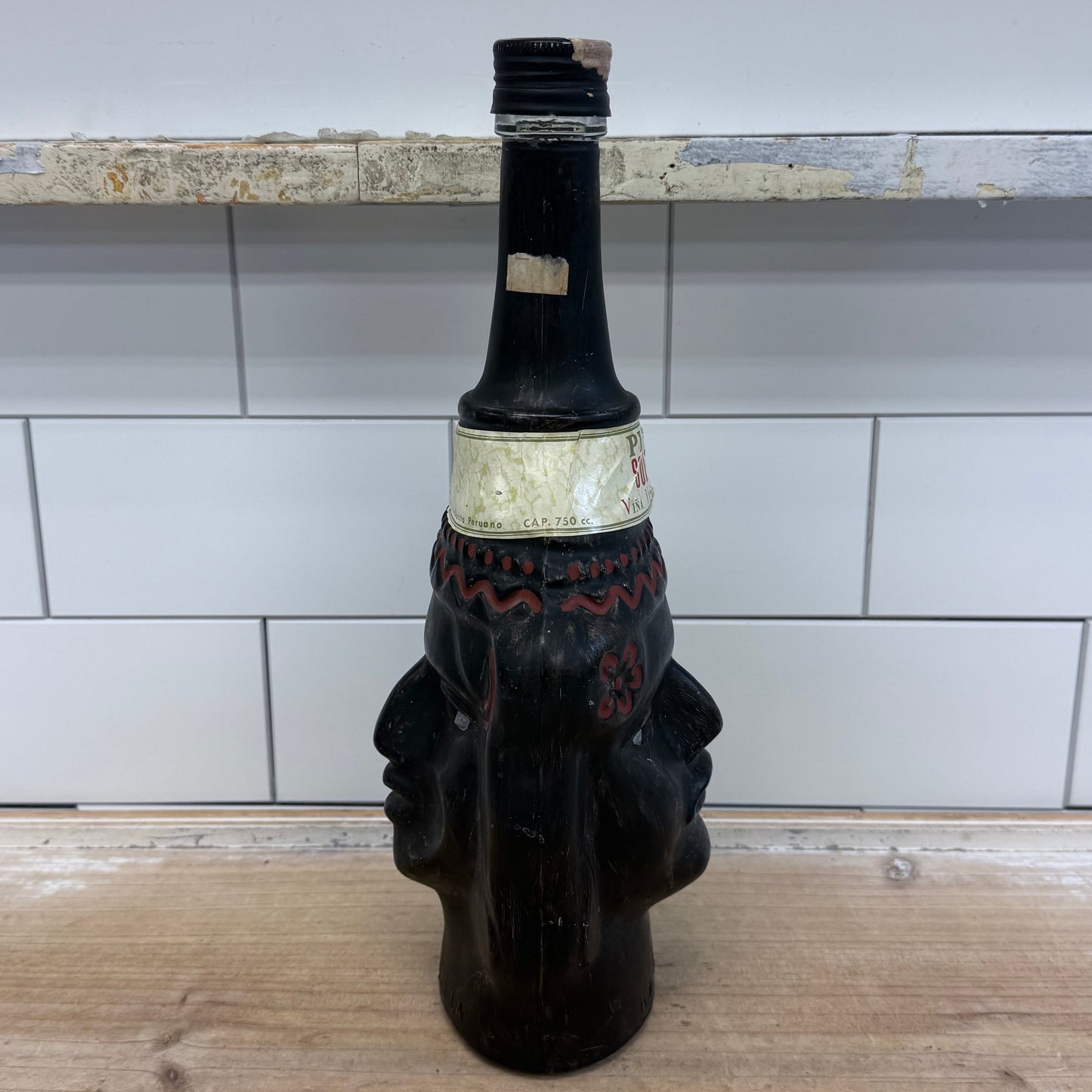 Pisco Soldeica Peru Figural Pisco Bottle Hand Painted Glass 1980s