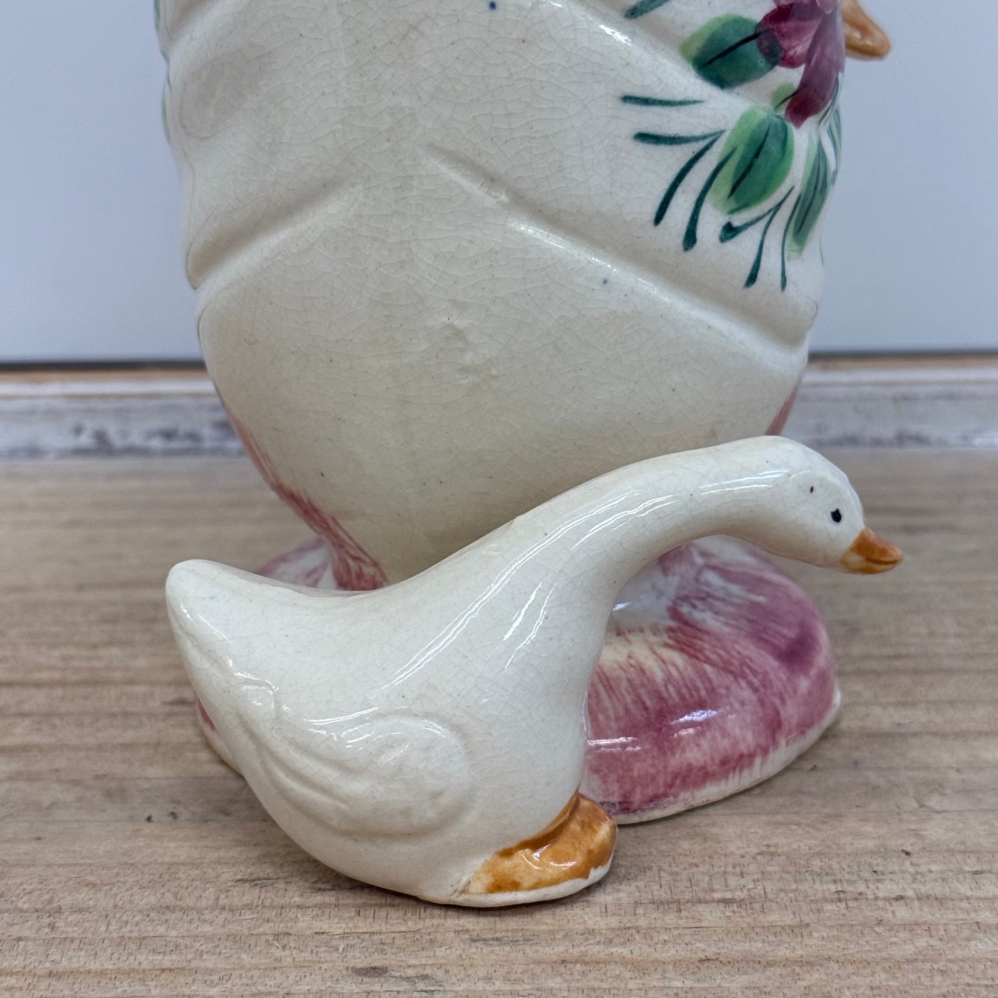 Japanese Figural Geese Floral Ceramic Vase 1950s