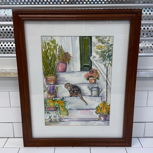 Cat on Steps Original Watercolor Signed Joann Florey Framed Art
