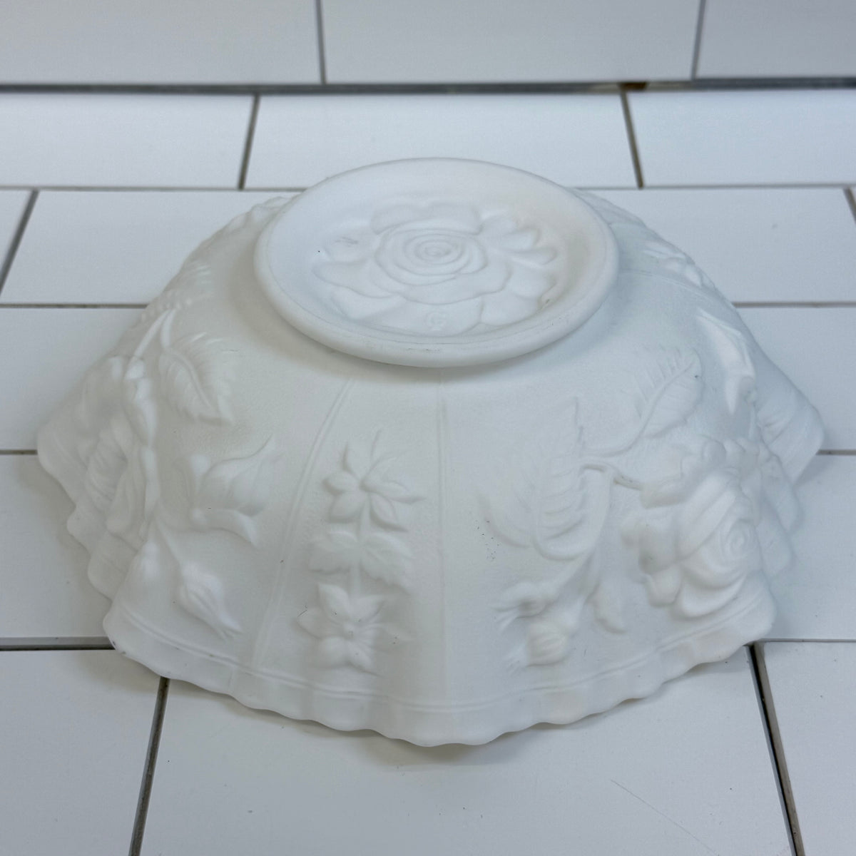White Milk Glass Rose Bowl with Ruffled Rim