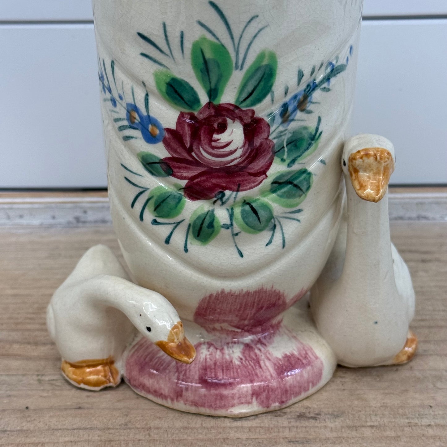 Japanese Figural Geese Floral Ceramic Vase 1950s