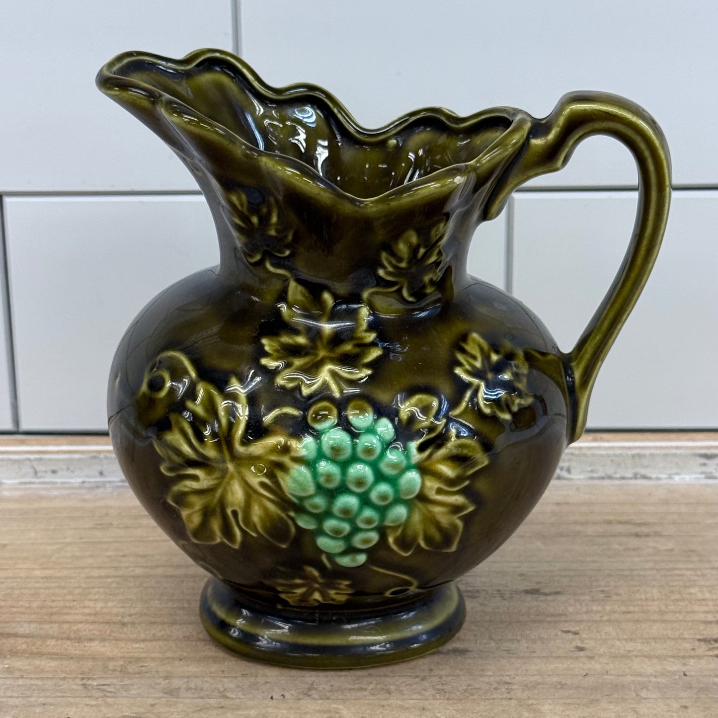 Majolica Style Grape Pitcher & Underplate Ceramic 1960s–1970s