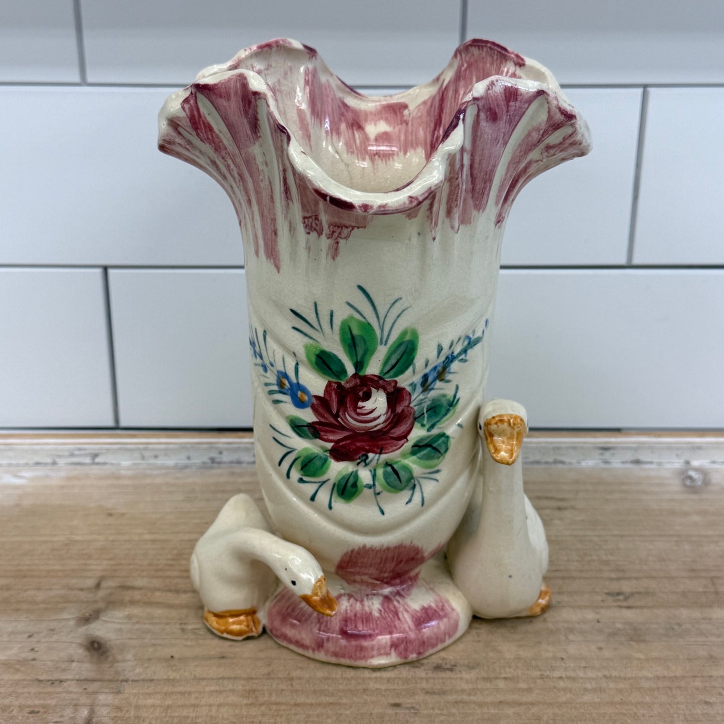 Japanese Figural Geese Floral Ceramic Vase 1950s