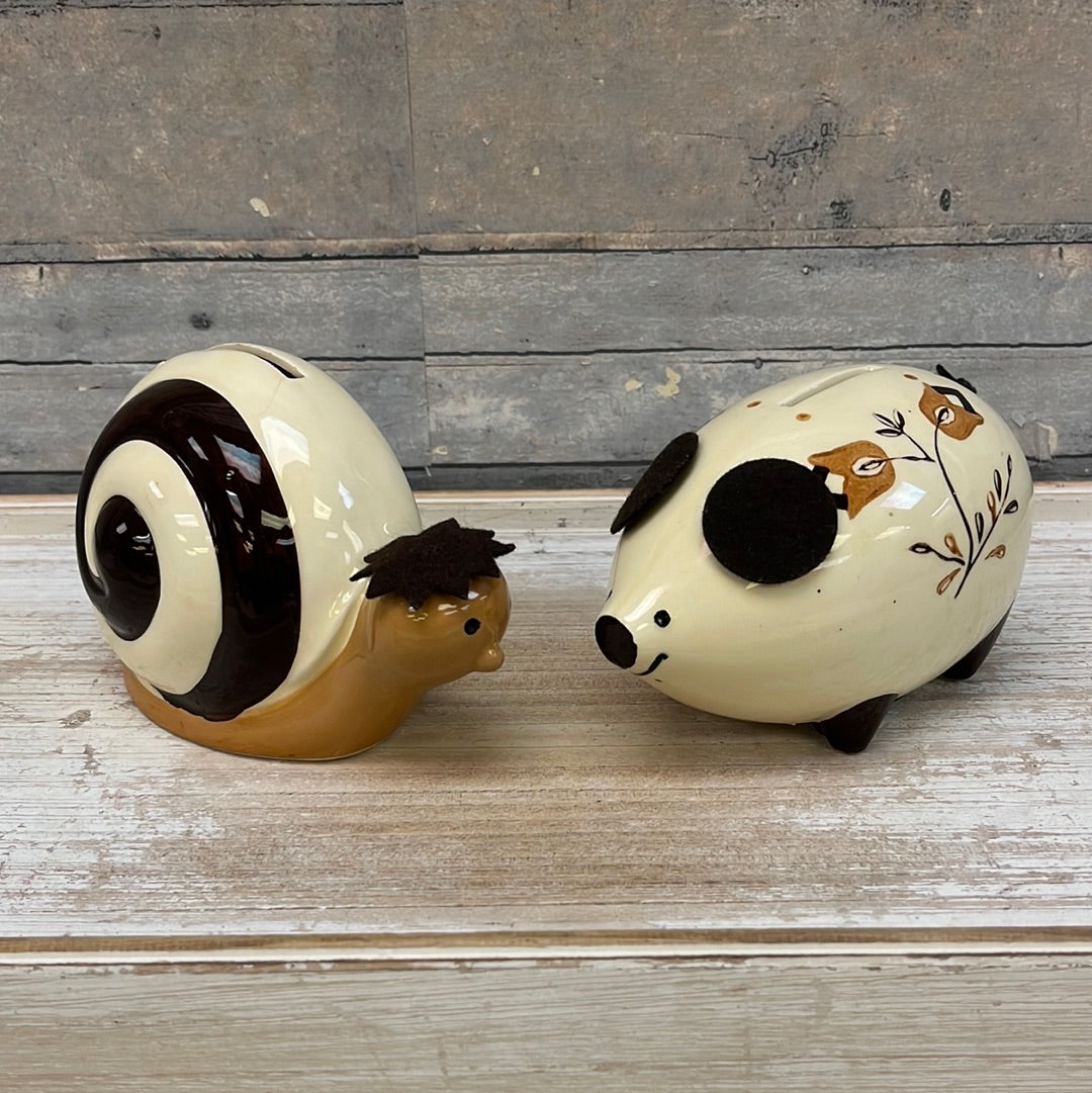 Vintage Artamount New York Snail and Pig Coin Banks, Set of 2