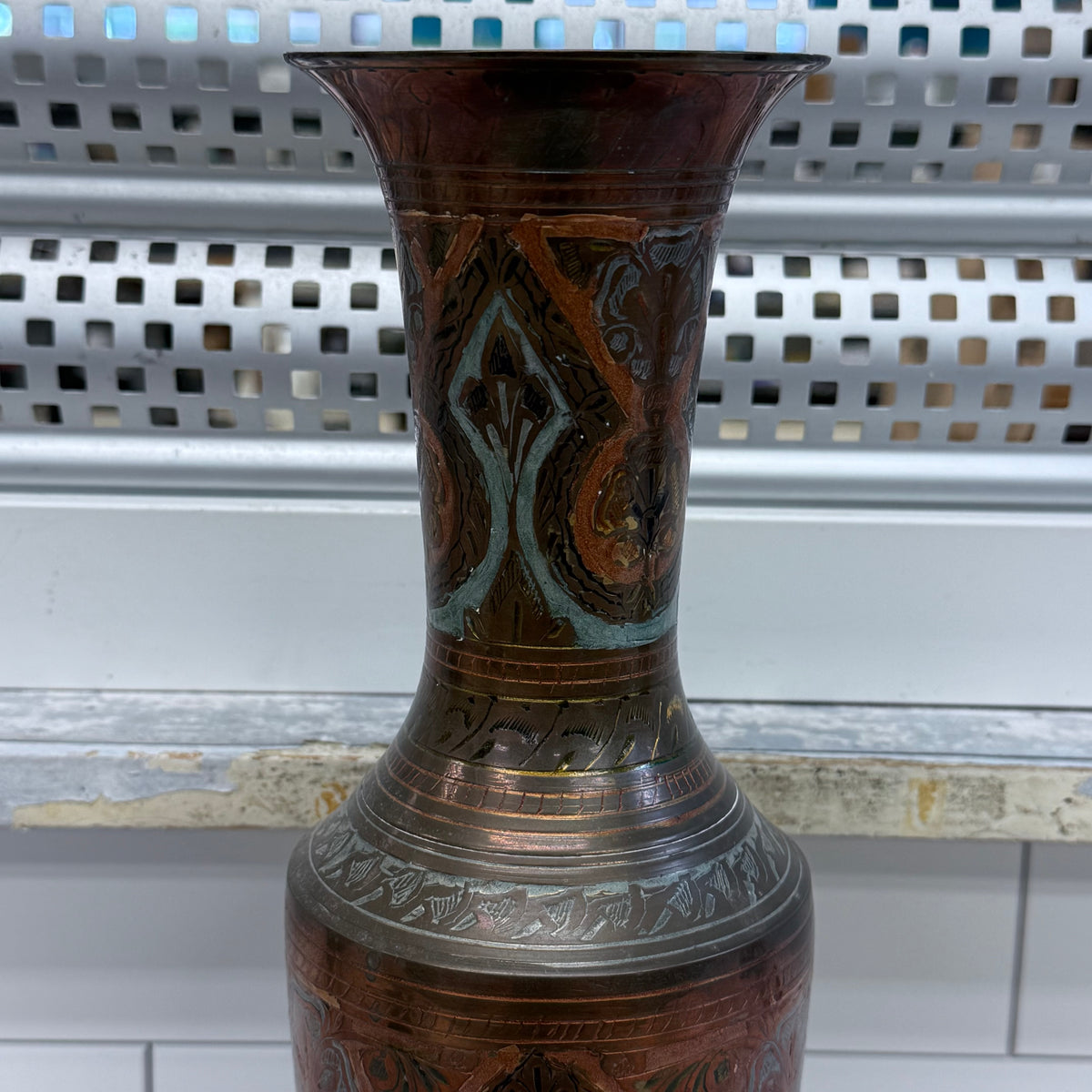 PENCO Indian Brass Engraved Floral Pedestal Vase 17”