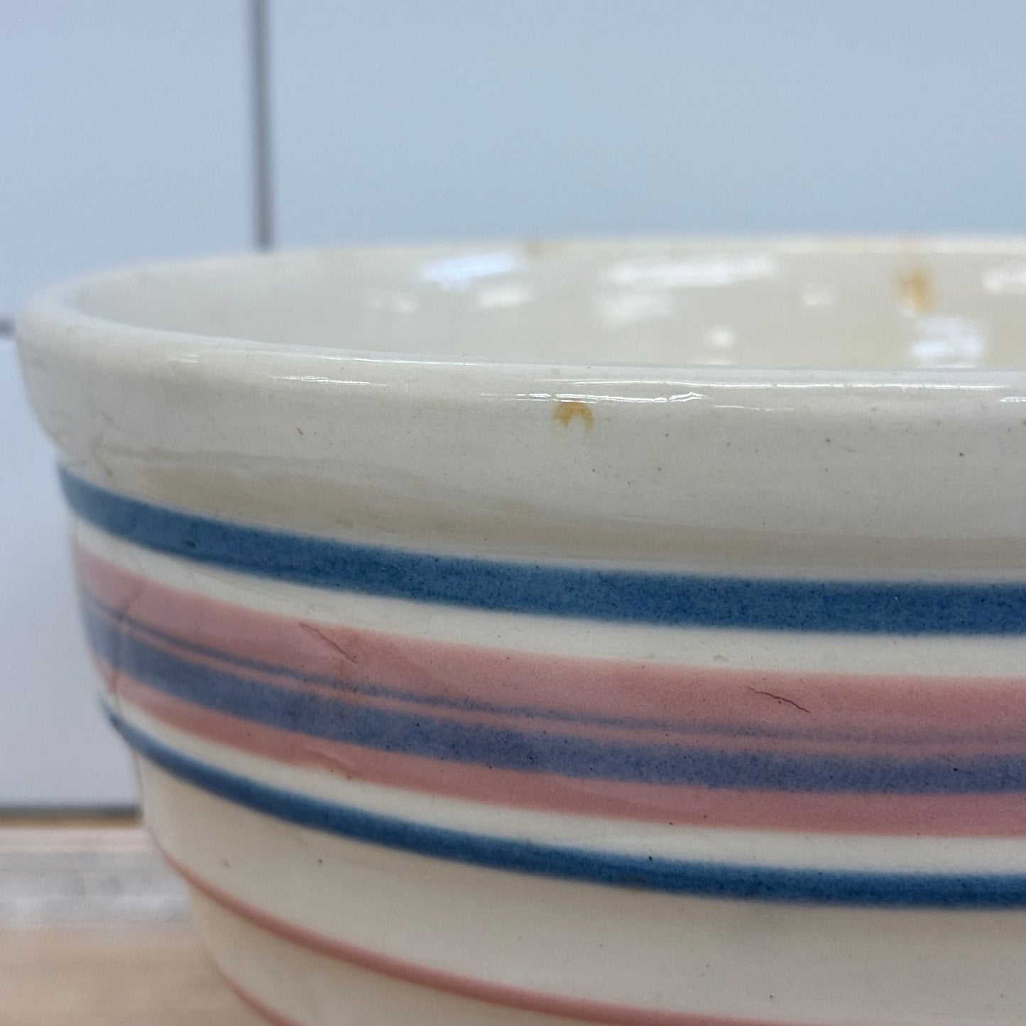 American Pink & Blue Band Stoneware Mixing Bowl 1930s