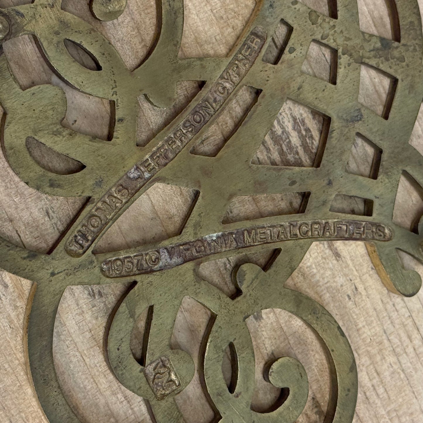 Virginia Metalcrafters Thomas Jefferson Cypher Brass Trivet 1957