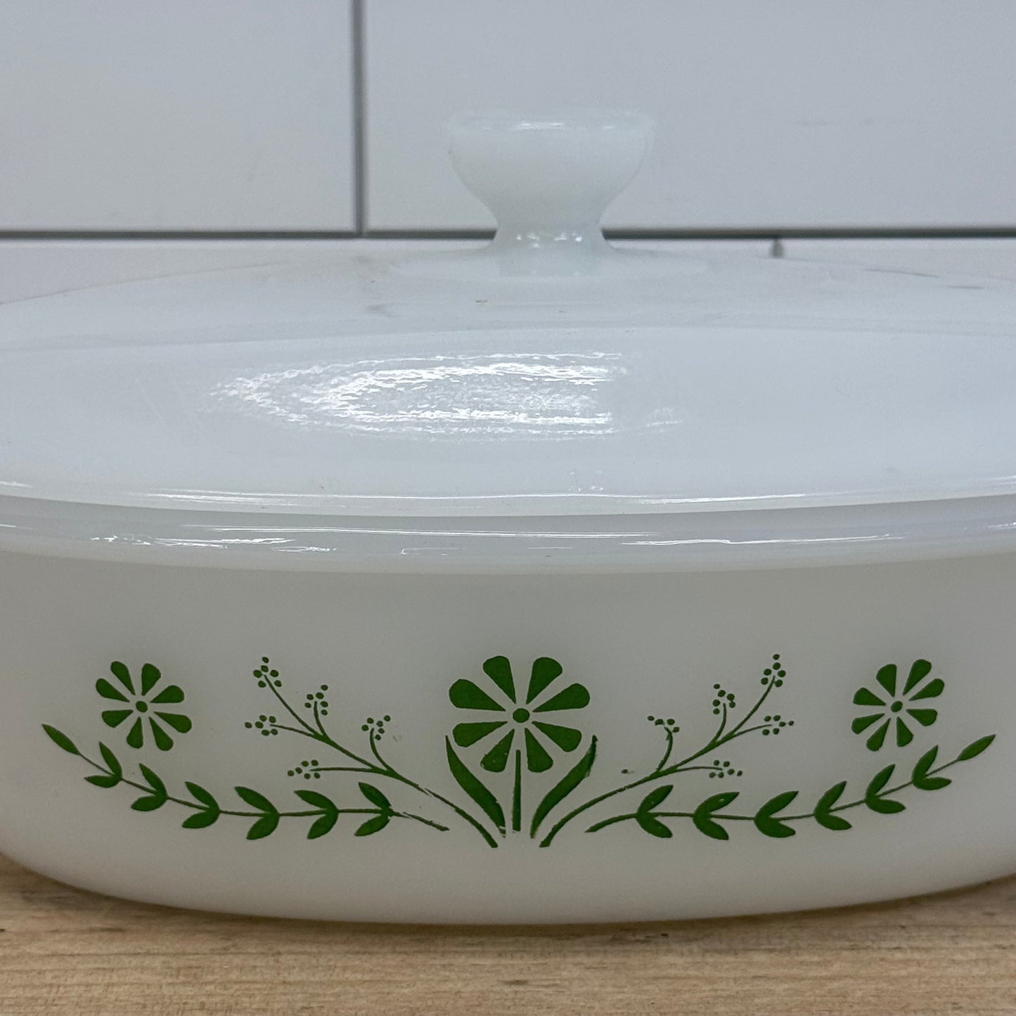 Glasbake Green Daisy Milk Glass Casserole Dishes Set of 2