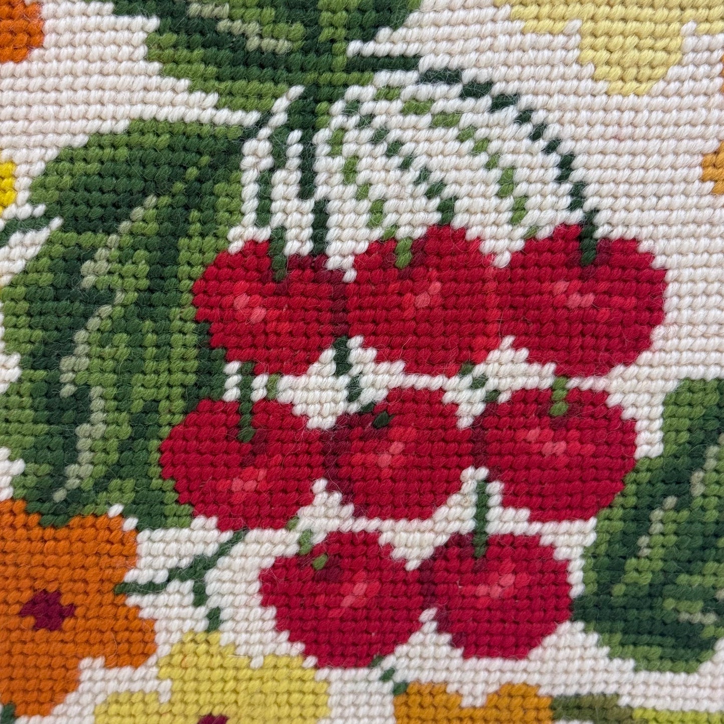Cherries & Flowers Framed Embroidery Art Vintage 1970s