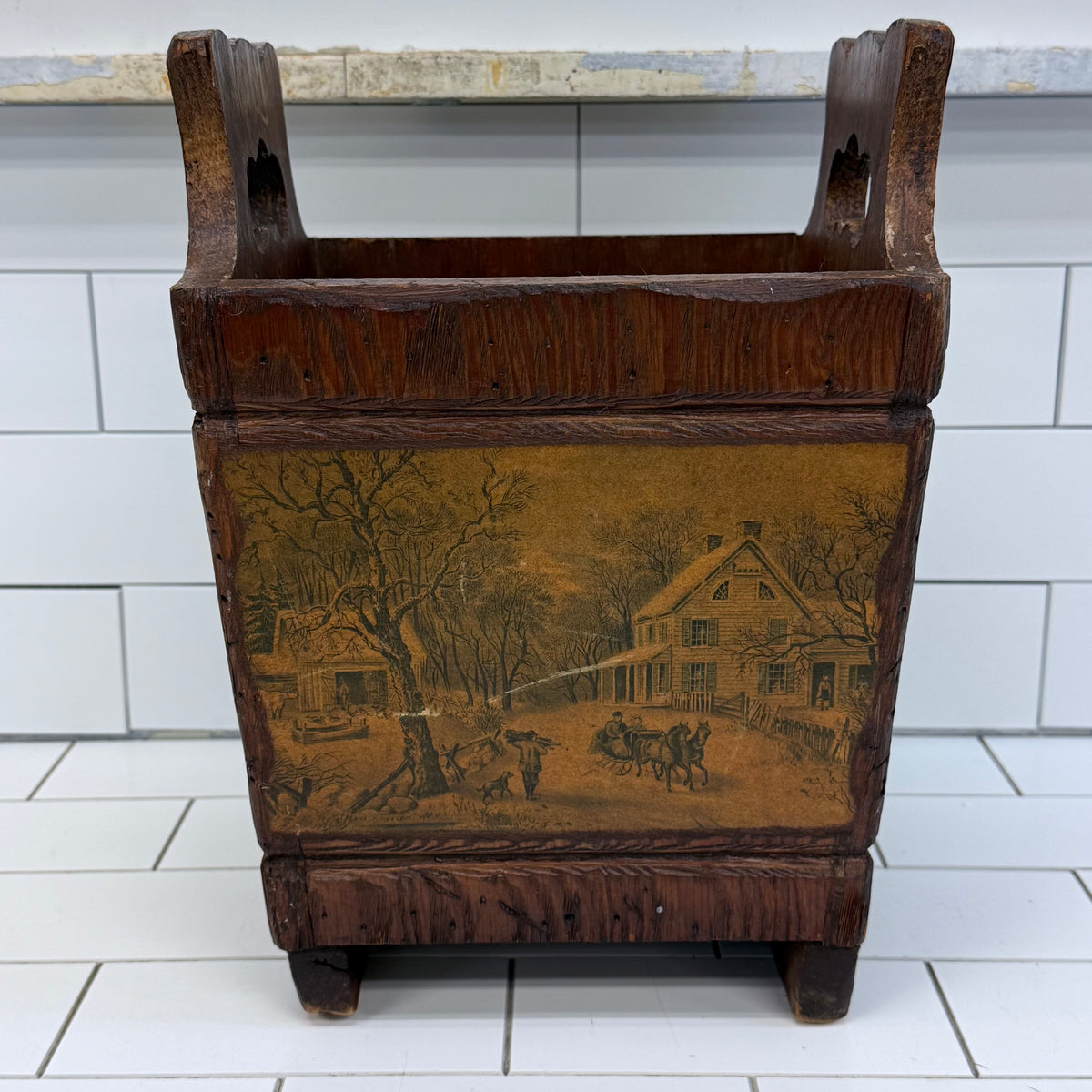 Colonial Americana Wood Wastebasket Scenic Panels