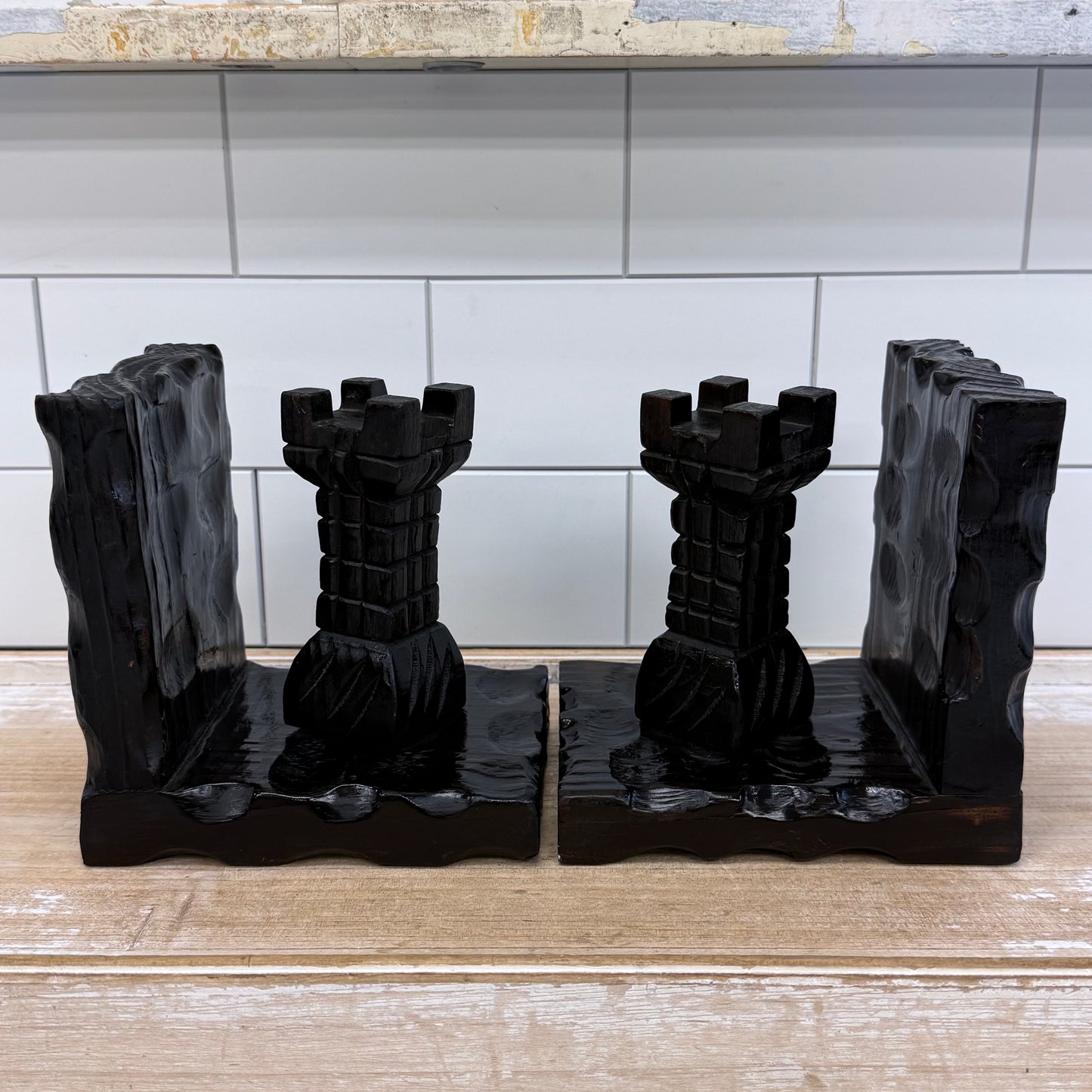 Spanish Carved Wood Bookends Castle Turret Medieval Style Pair