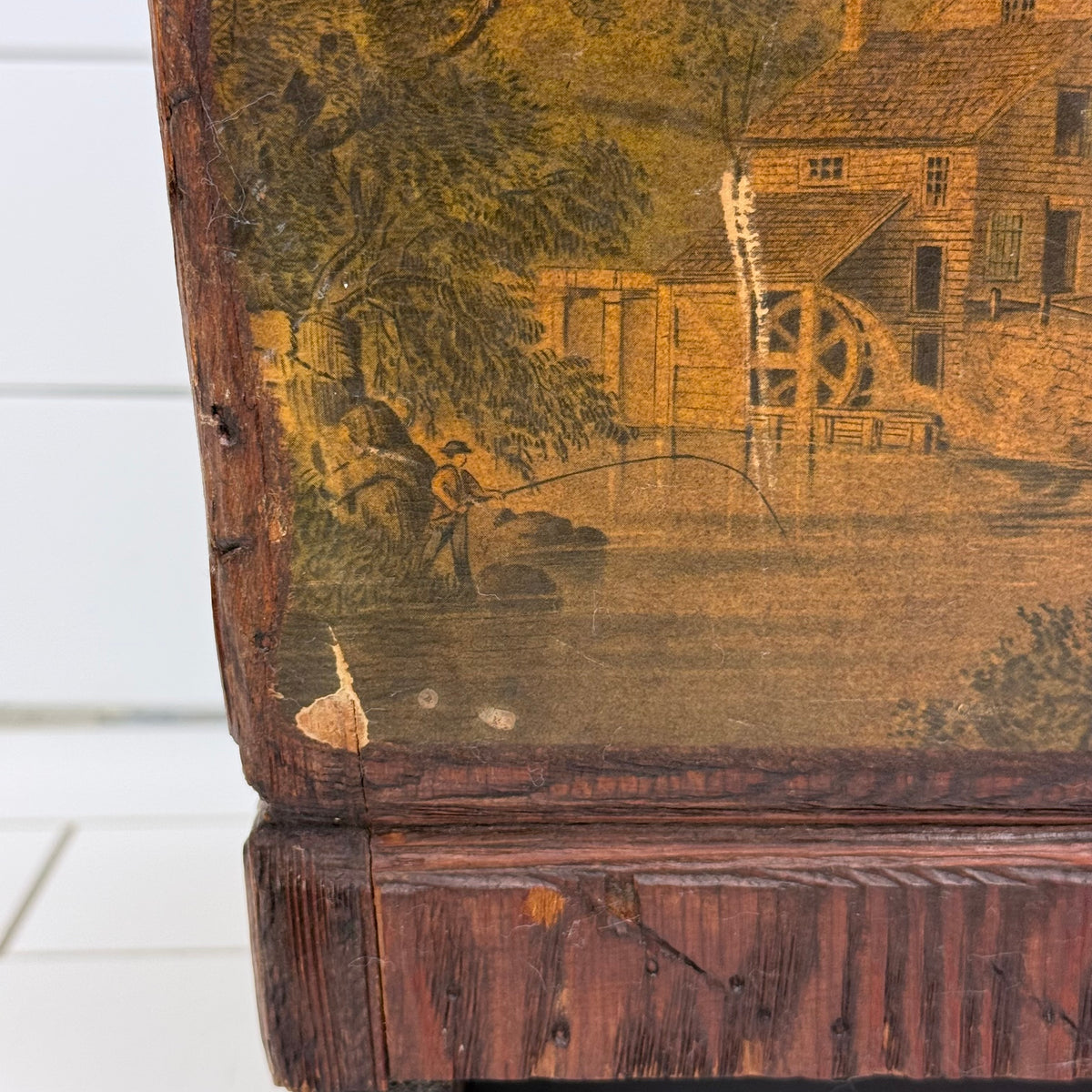 Colonial Americana Wood Wastebasket Scenic Panels