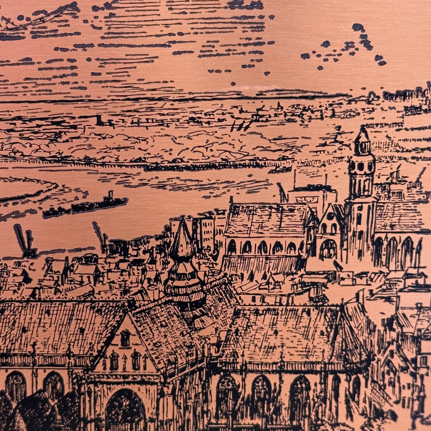 Antwerp Belgium Etched Copper Plaques Signed W. S. Creighton Set of 2