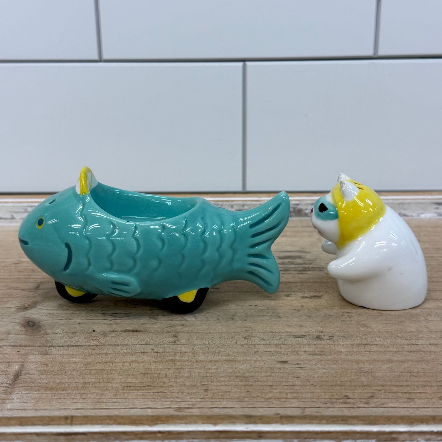 Clay Art Cat Driving Fish Car Salt & Pepper Shakers 1990s Ceramic