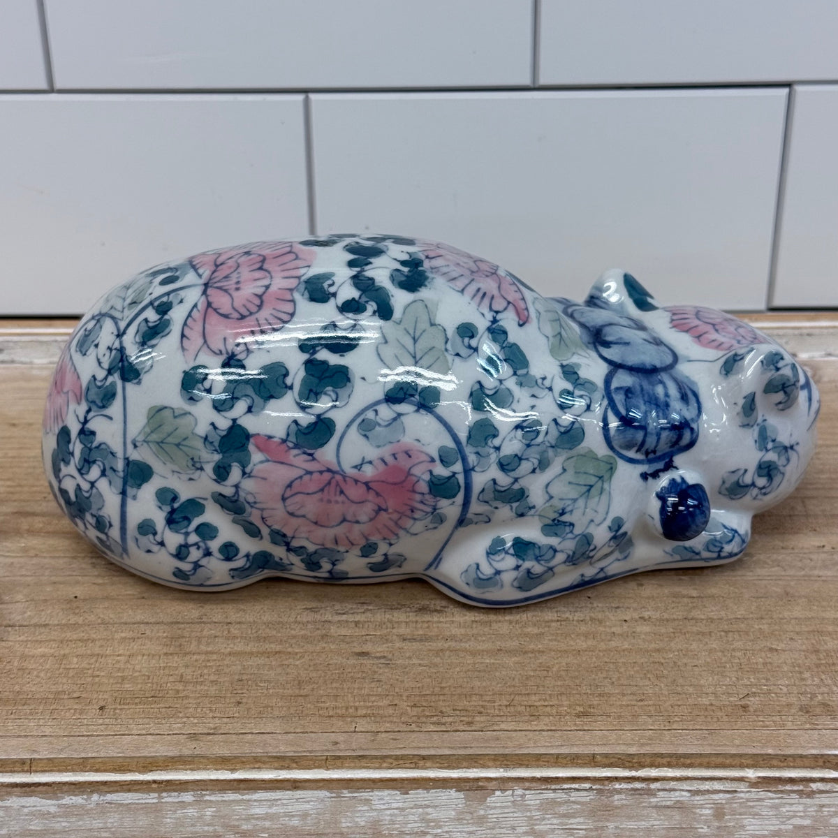 Chinoiserie Porcelain Floral Cat Figurine