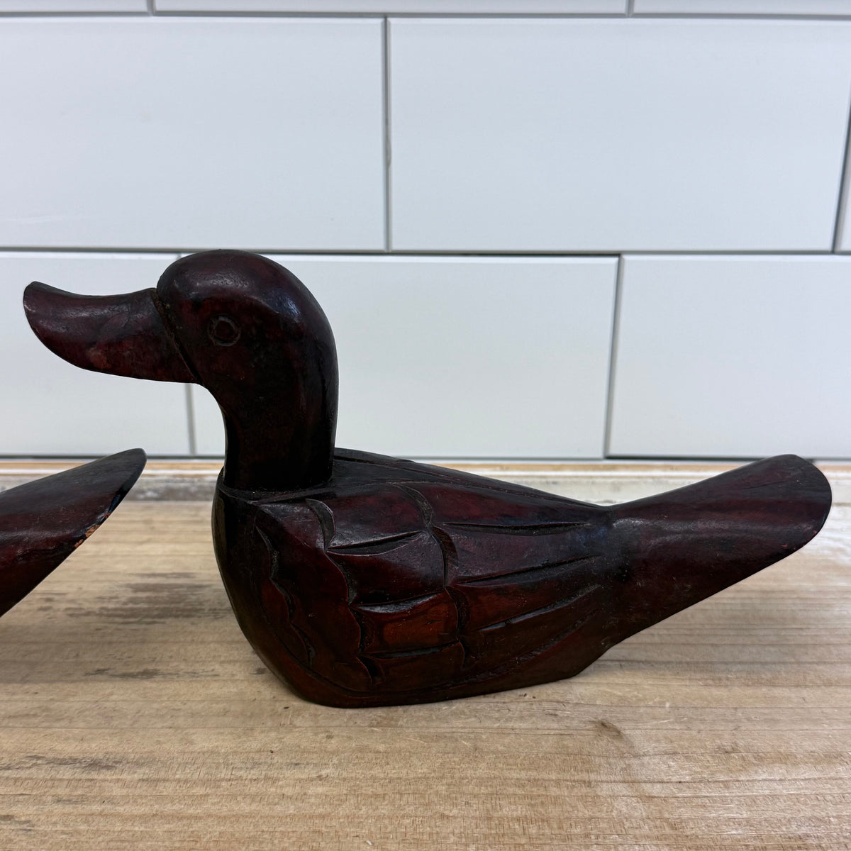 Duck Figurines Pair Hand-Carved Wood - Rustic Lodge Decor