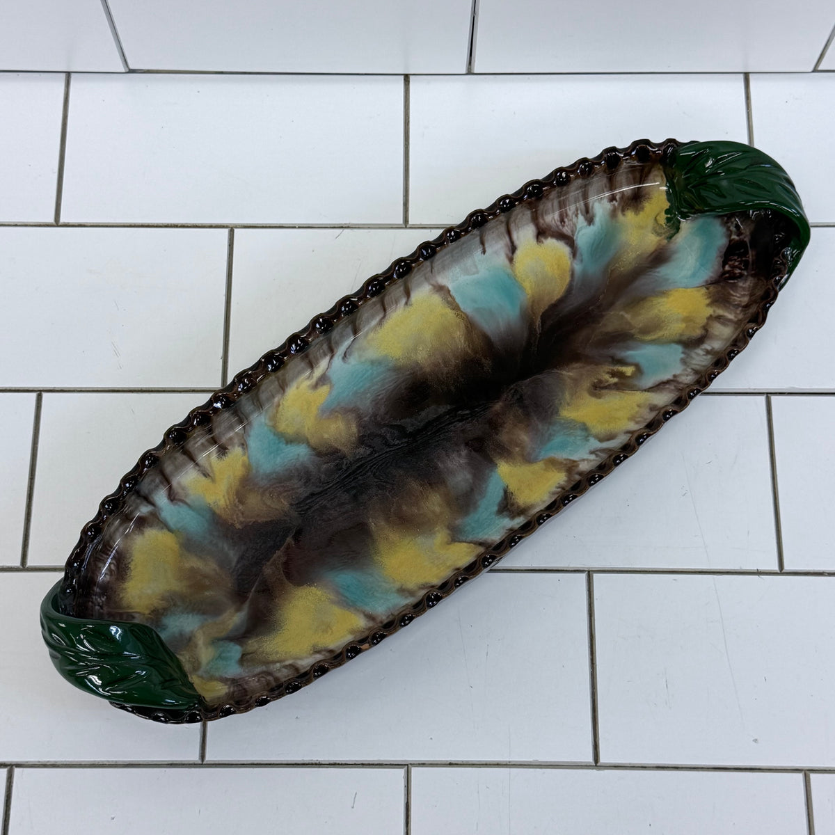 Austrian Art Pottery Drip Glaze Oval Tray Leaf Handles