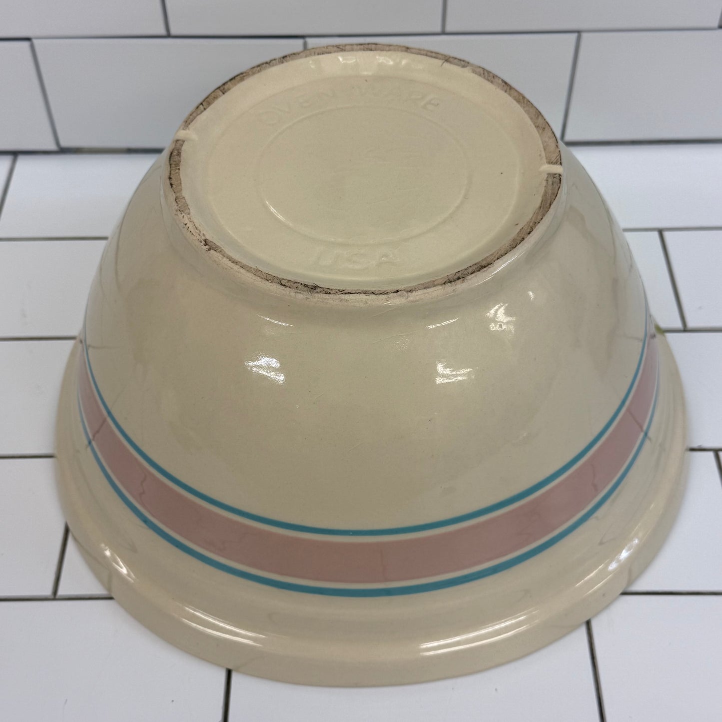 USA Pottery Mixing Bowl Pink Blue Bands Ovenware 1940s