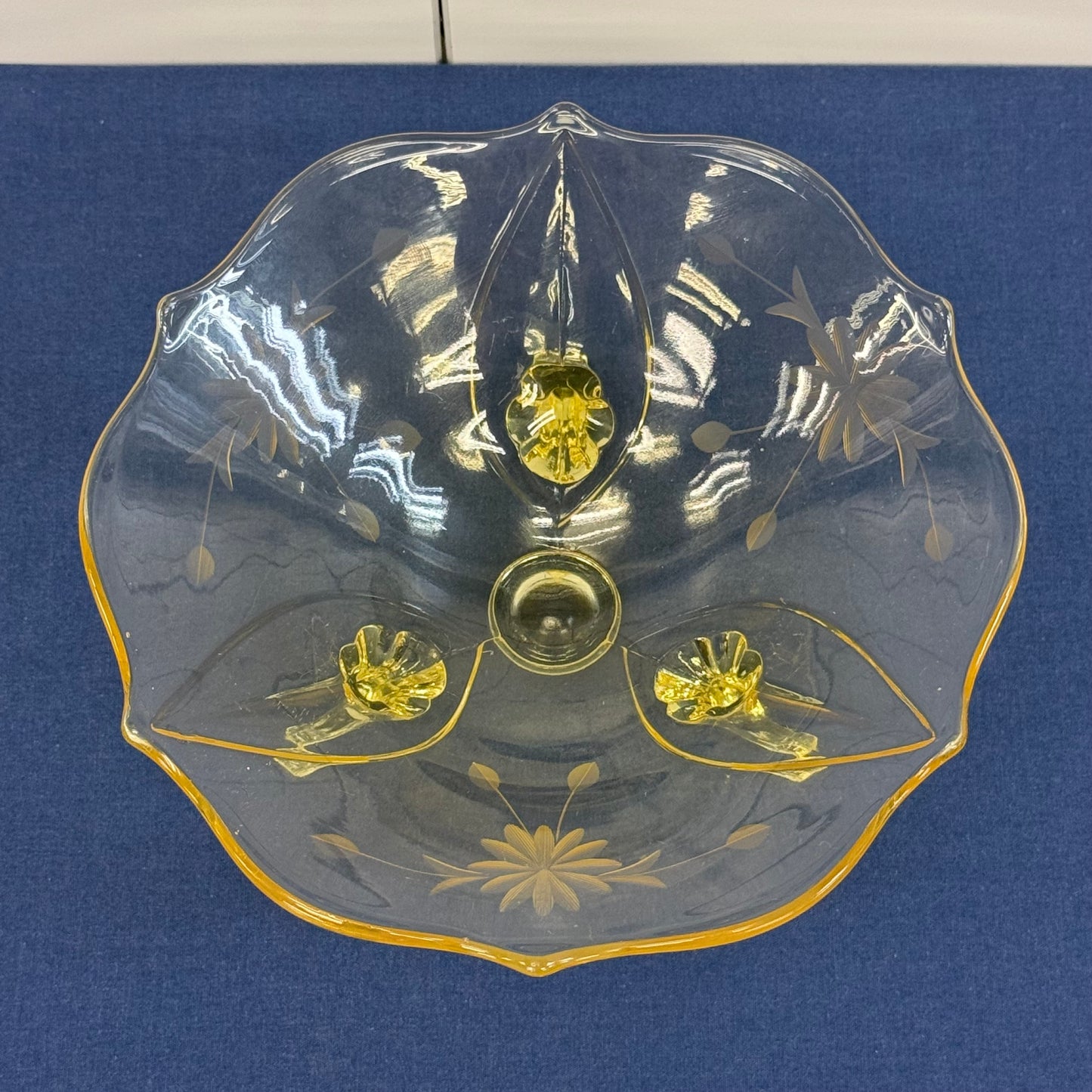 Lancaster Jubilee Amber Etched Floral Tripod Glass Bowl 1930s