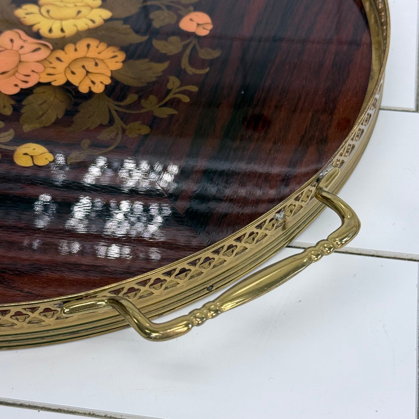 Floral Marquetry Wood Serving Tray with Brass Handles