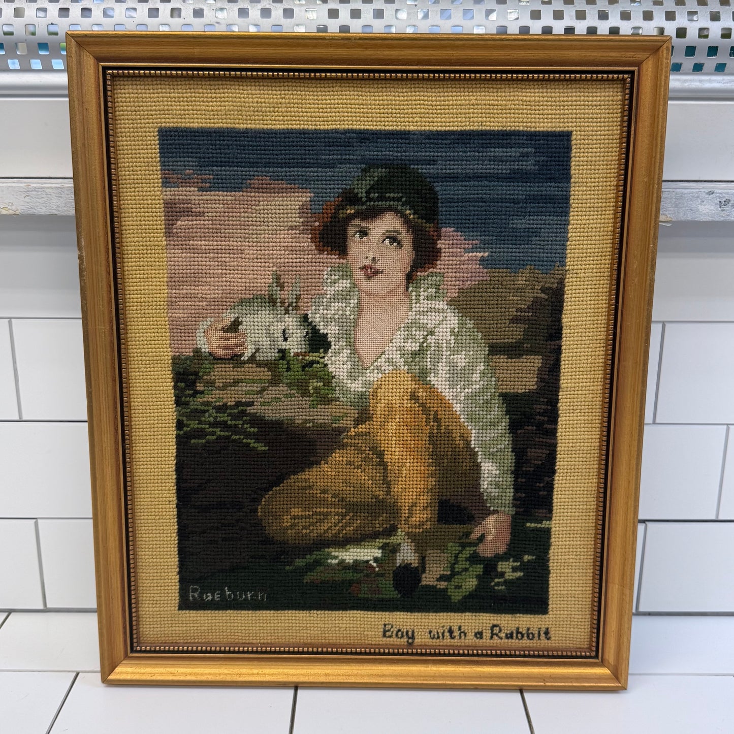 Raeburn Boy with a Rabbit Framed Needlepoint Portrait Art