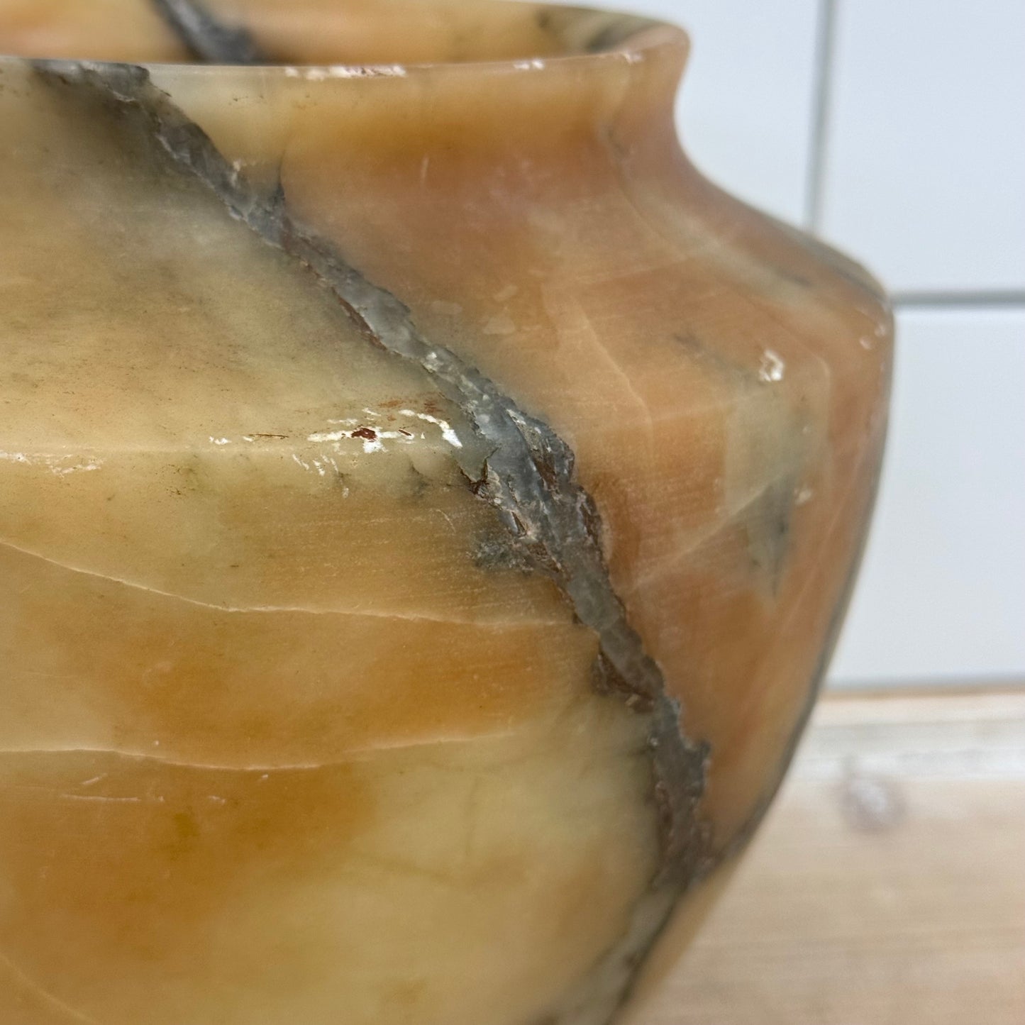 Natural Alabaster Stone Vase Hand Carved Decorative Vessel Vintage