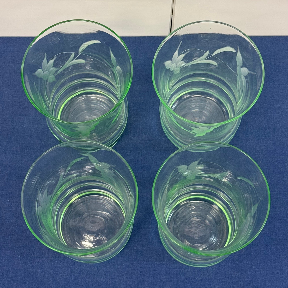 Pale Green Etched Leaf Glass Tumblers Set of 4