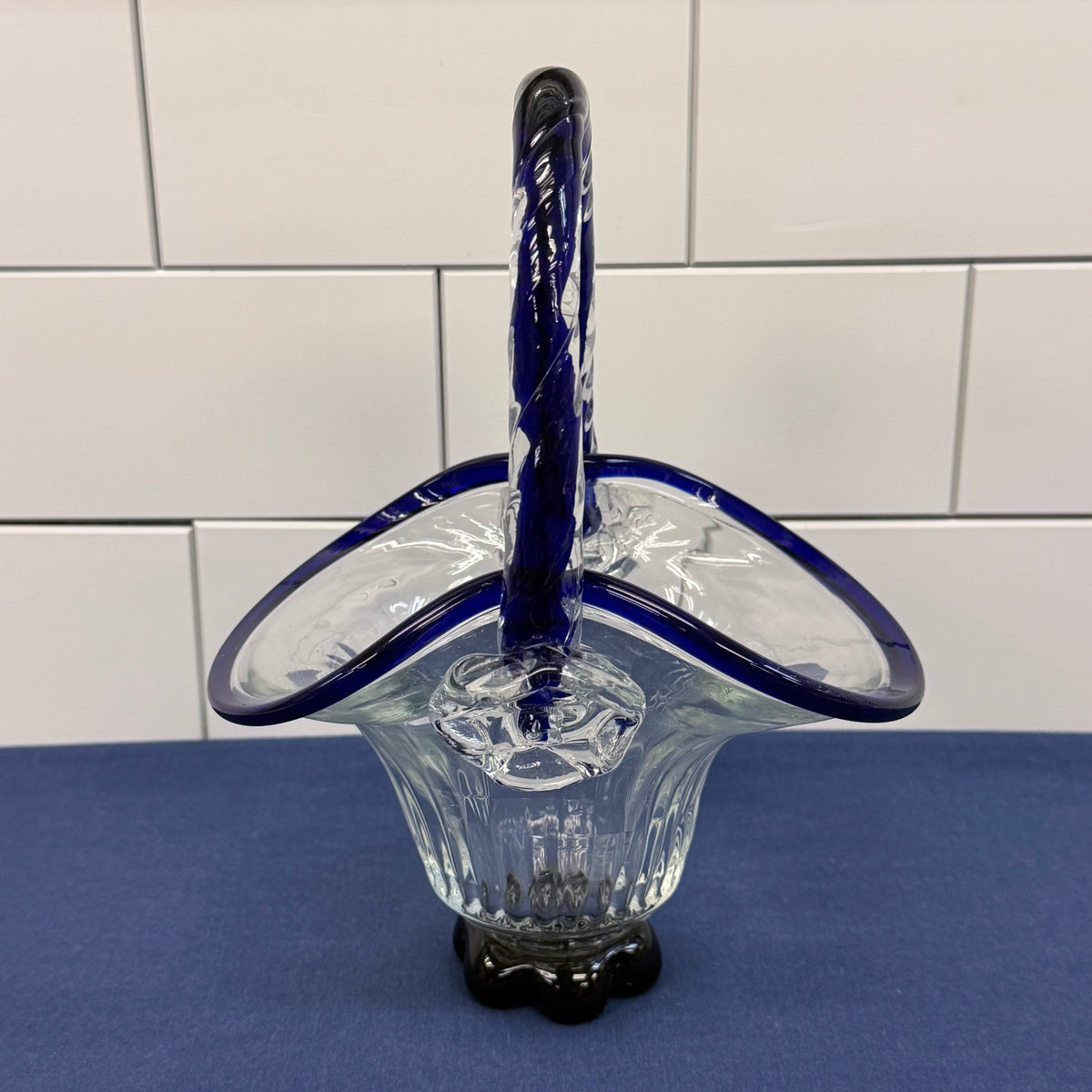 Crystal Brand Cobalt Blue Art Glass Basket 1970s