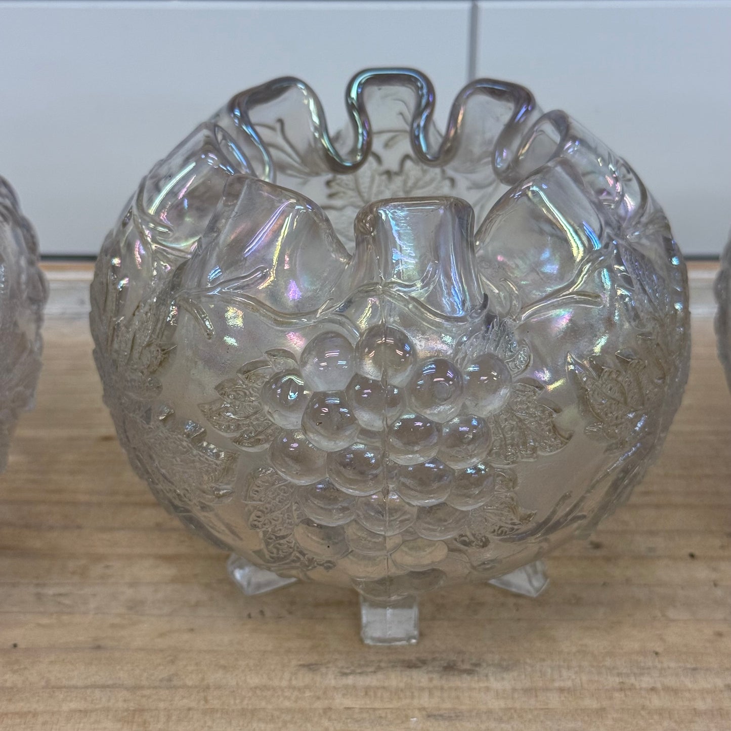 Dugan Grape Delight White Carnival Glass Bowls, Set of 3 c.1910s