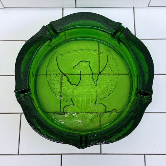 Indiana Glass American Eagle 10” Heavy Green Ashtray 1970s