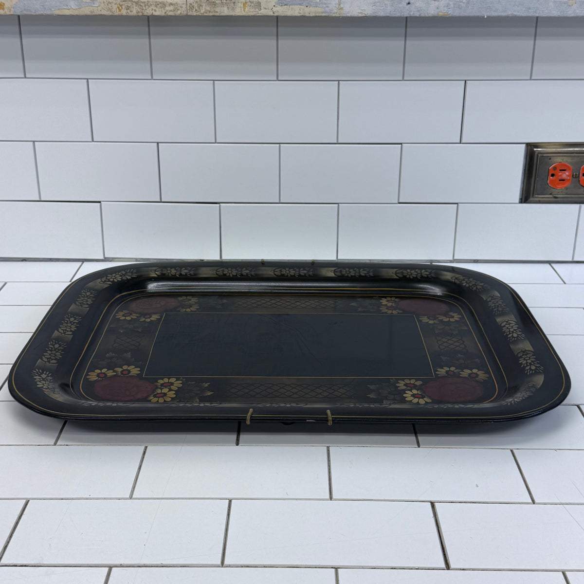 Floral Stenciled Tin Tray Black Gold Toleware Vintage 1970s