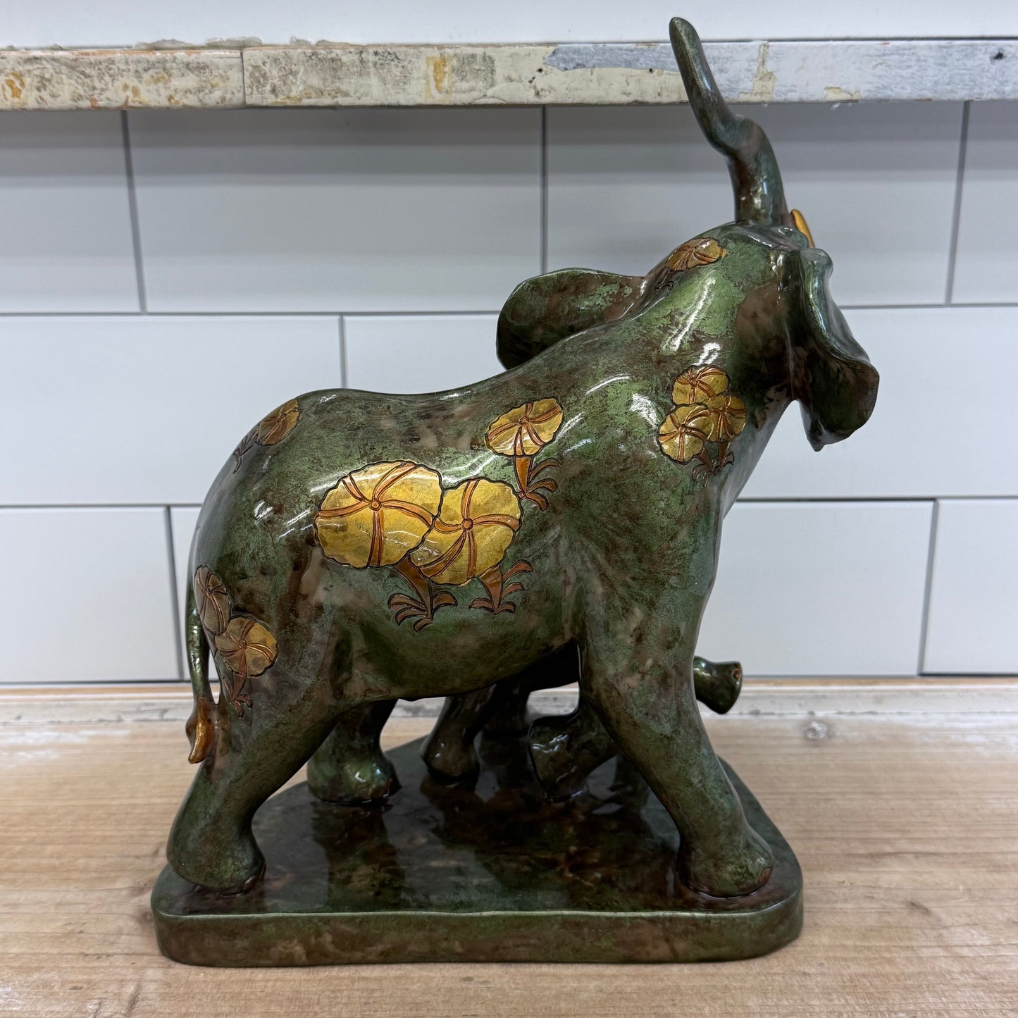 Mother Elephant Calf Figurine Faux Bronze Floral Statue