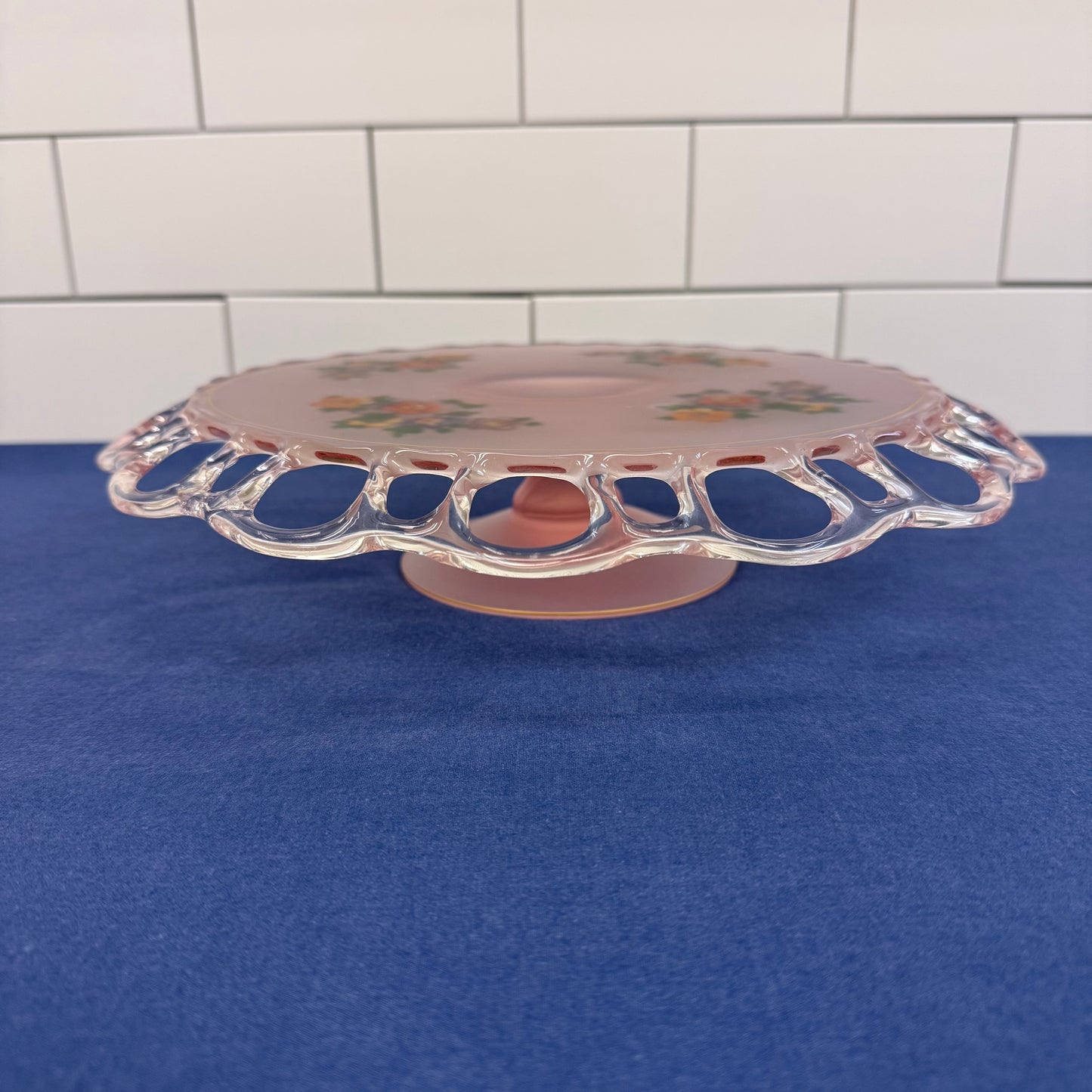 Pink Frosted Glass Floral Openwork Handled Serving Plate