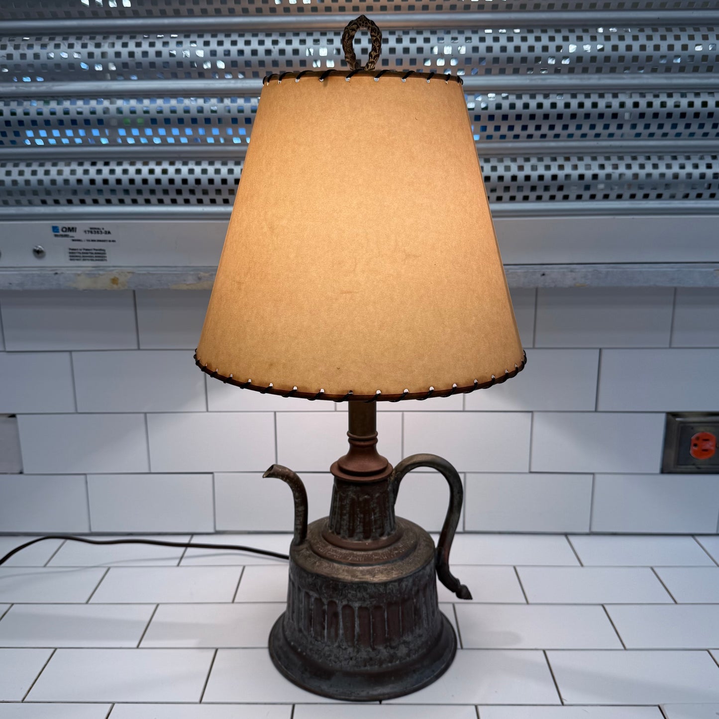 Vintage Kettle Table Lamp with Whipstitch Shade