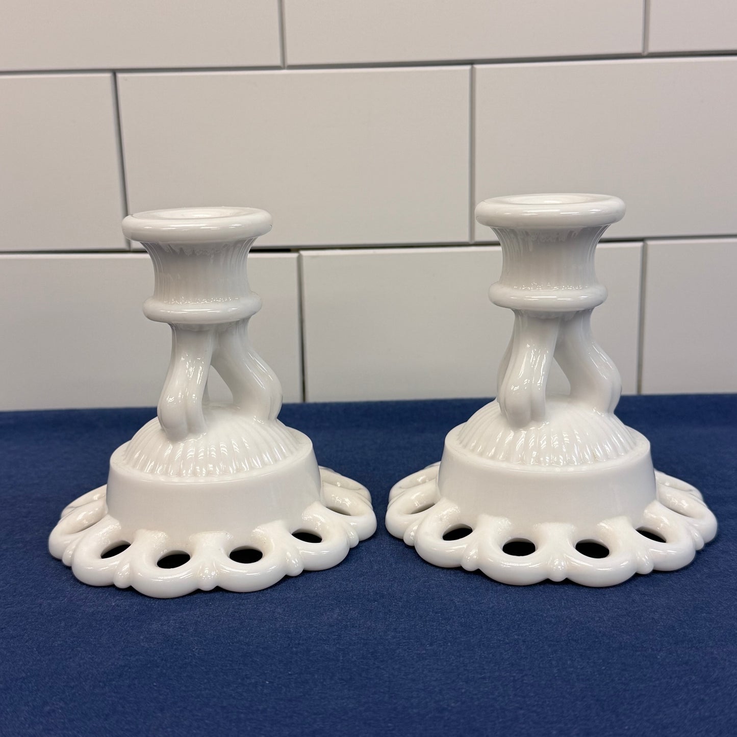 Westmoreland Doric Lace Candlestick Holders, Milk Glass