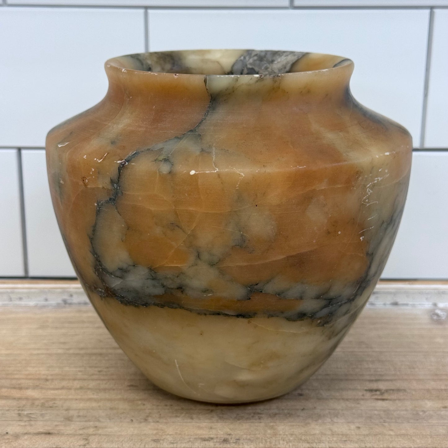 Natural Alabaster Stone Vase Hand Carved Decorative Vessel Vintage