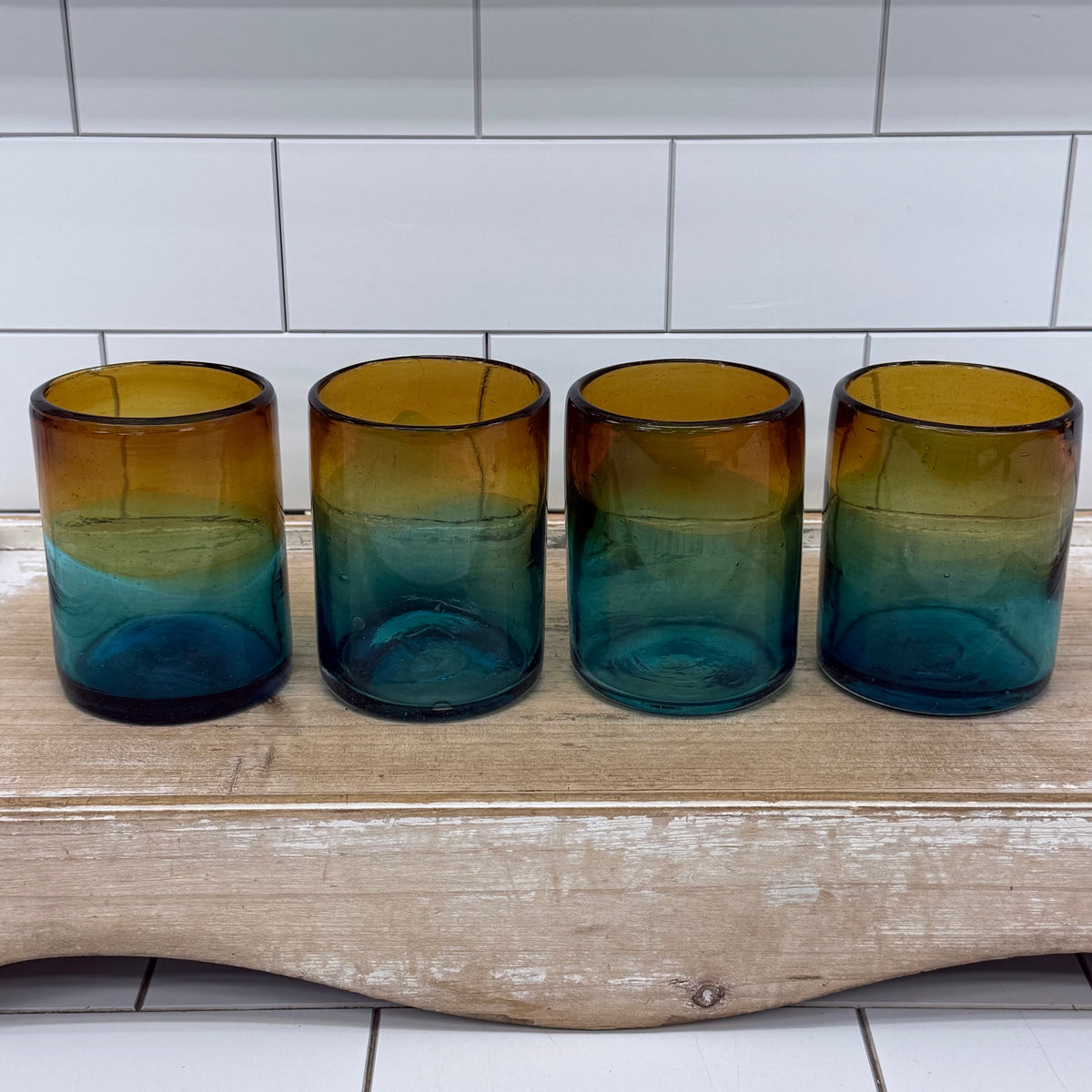 Handblown Ombré Amber Blue Green Art Glass Tumbler Set of 4