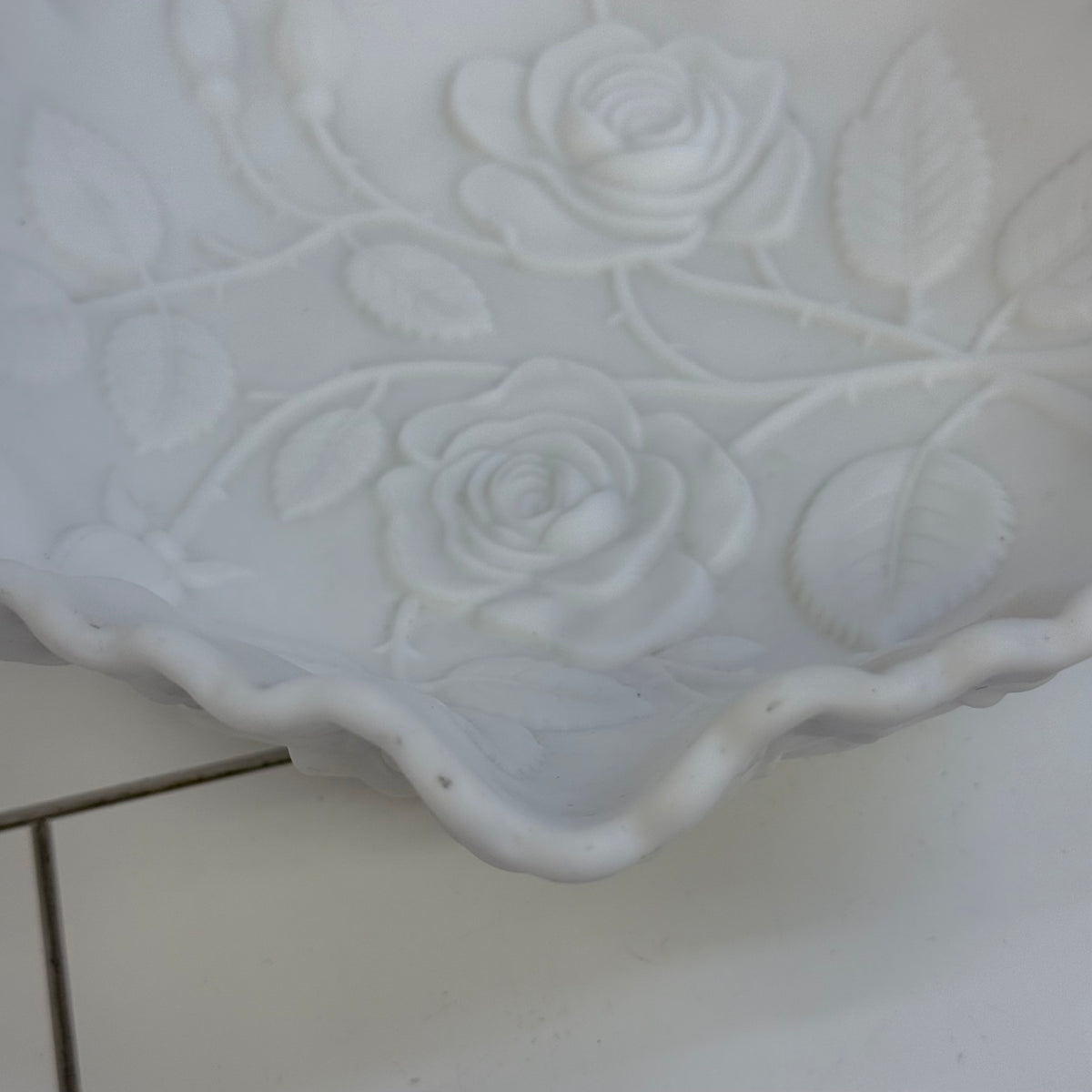 White Milk Glass Rose Bowl with Ruffled Rim