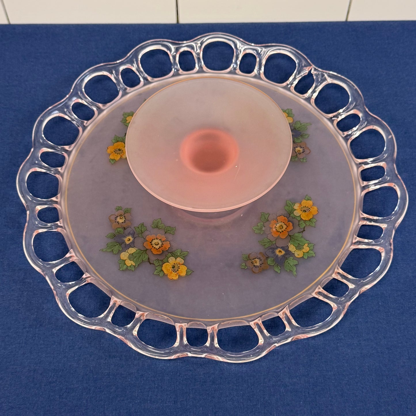 Pink Frosted Glass Floral Openwork Handled Serving Plate