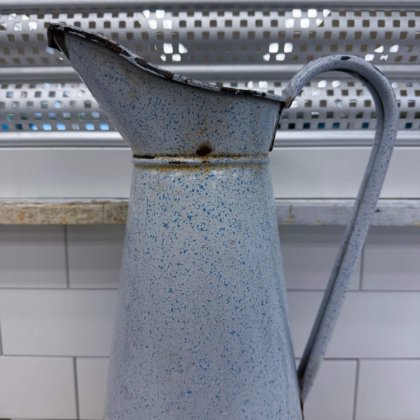 Vintage Blue Speckled Enamelware Pitcher Farmhouse Decor