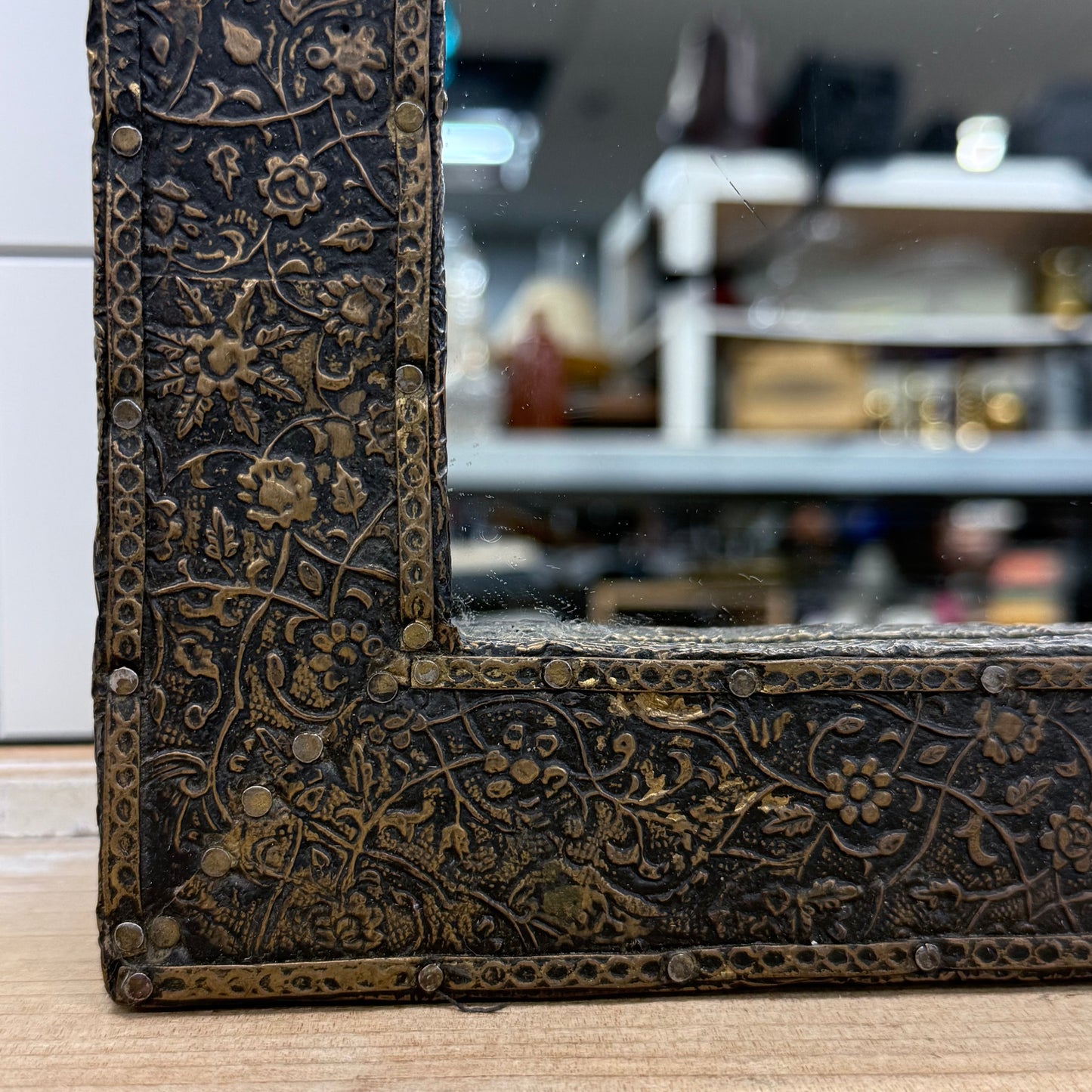 Moroccan Style Floral Embossed Wood Accent Mirror